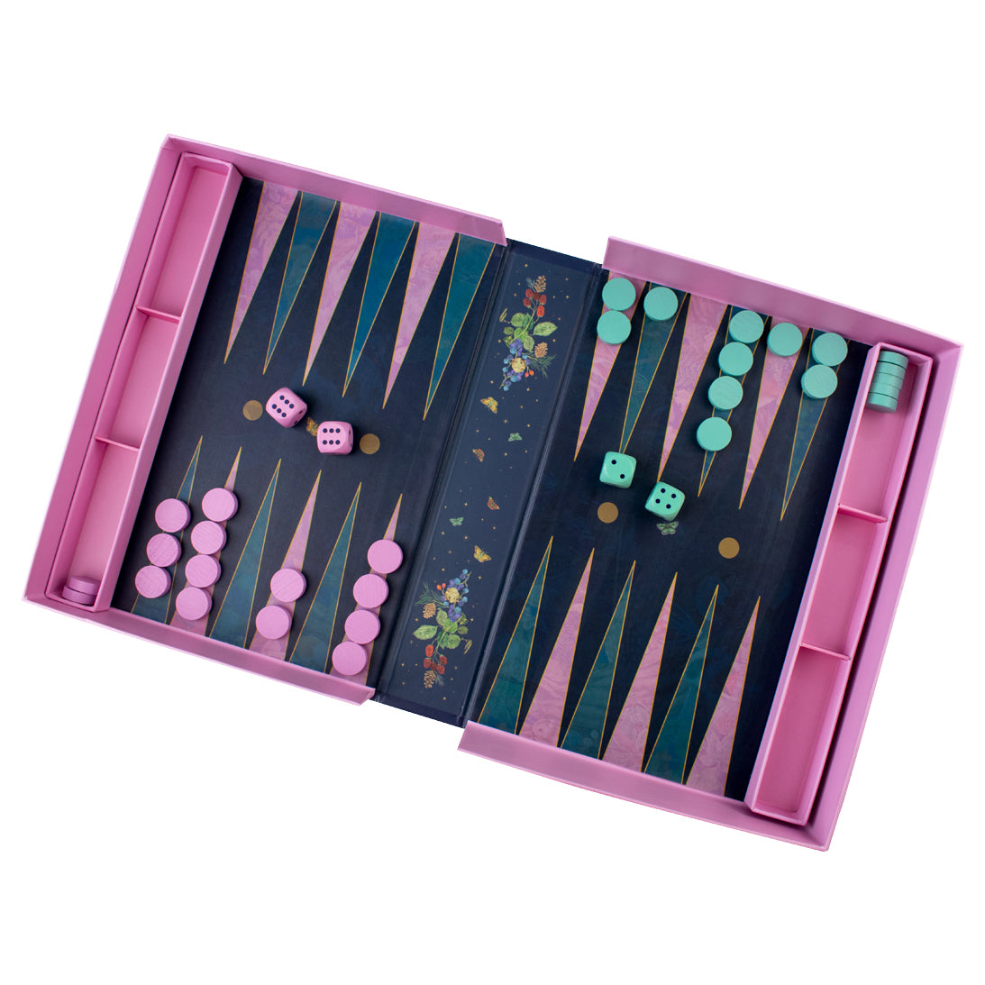 Backgammon set with pink and green pieces on a white background