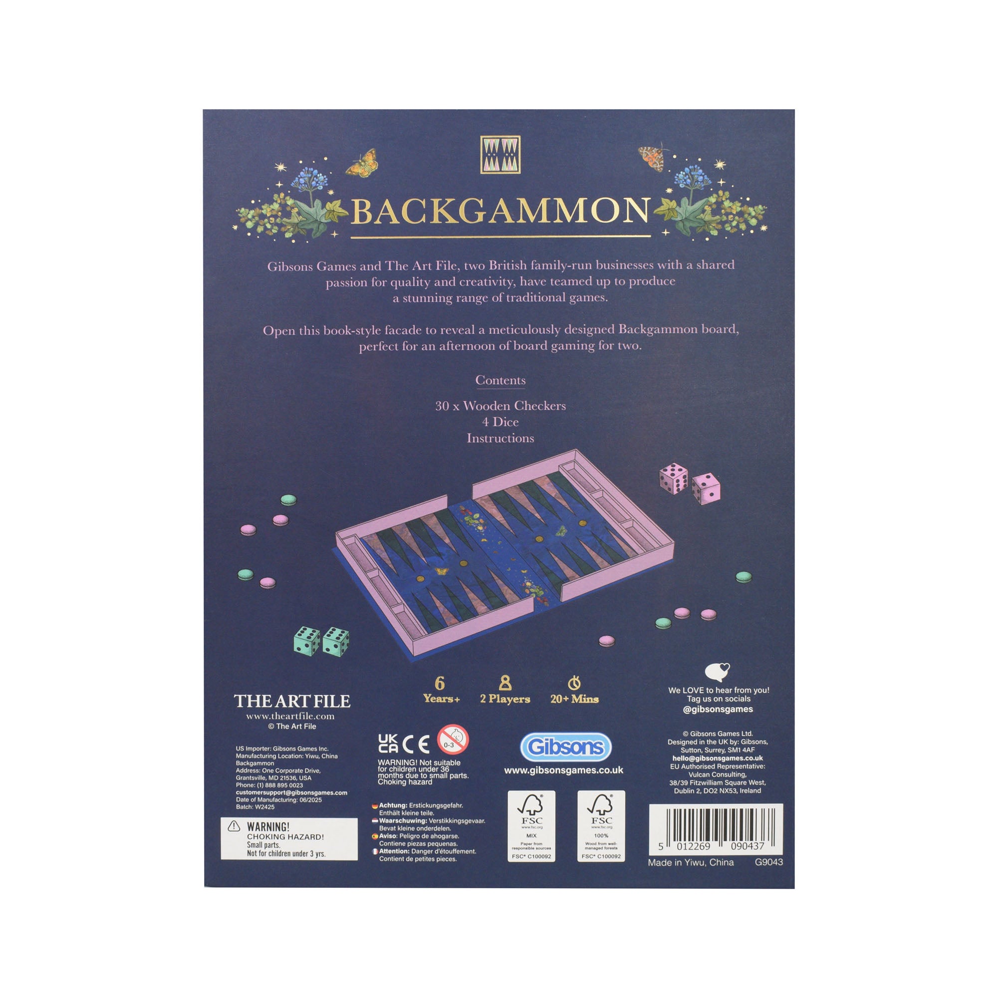 Backgammon game packaging with branding and product details on a blue background