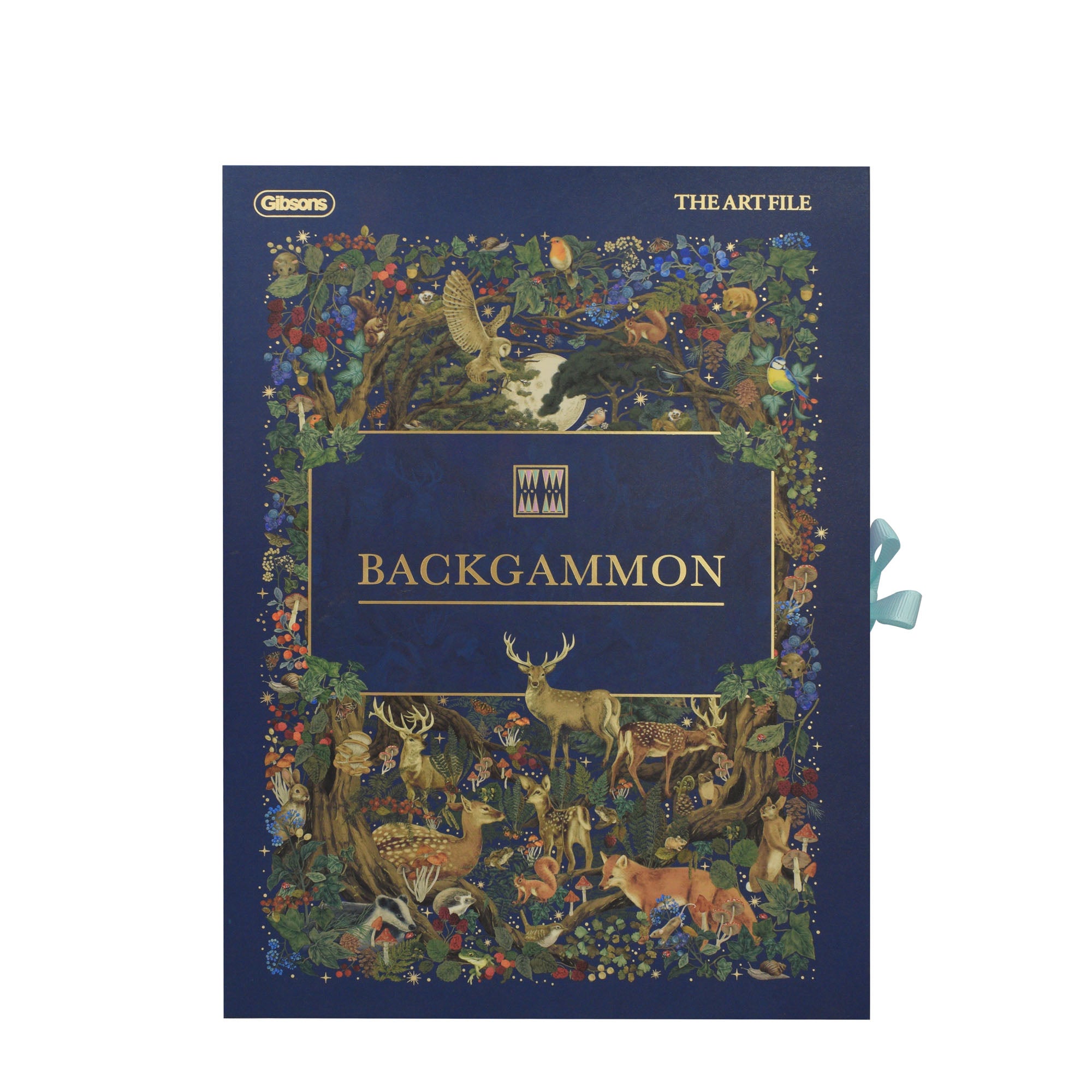 Backgammon game box with decorative cover featuring animals and nature on a white background