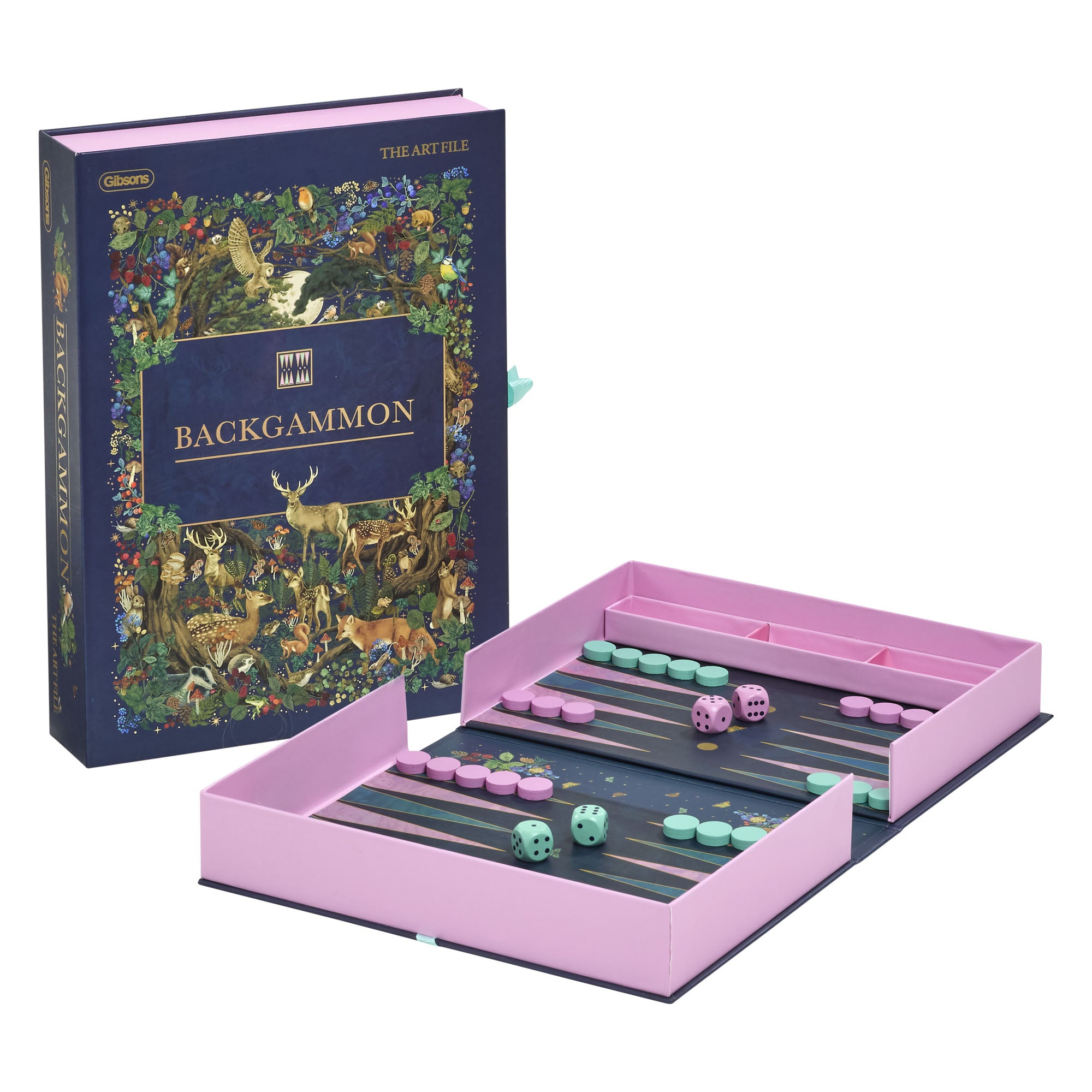 Backgammon set with decorative box on a white background