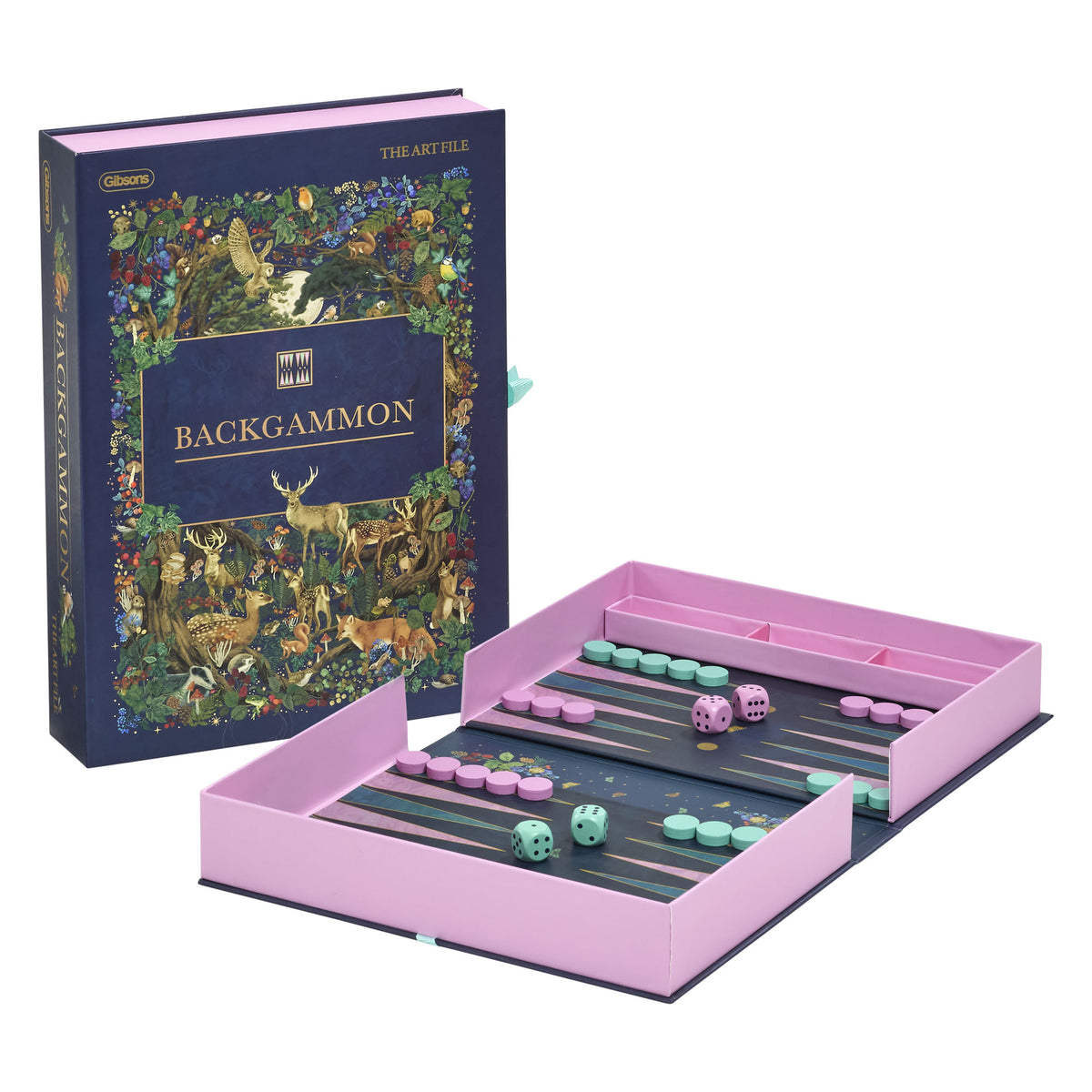 Backgammon set with decorative box on a white background