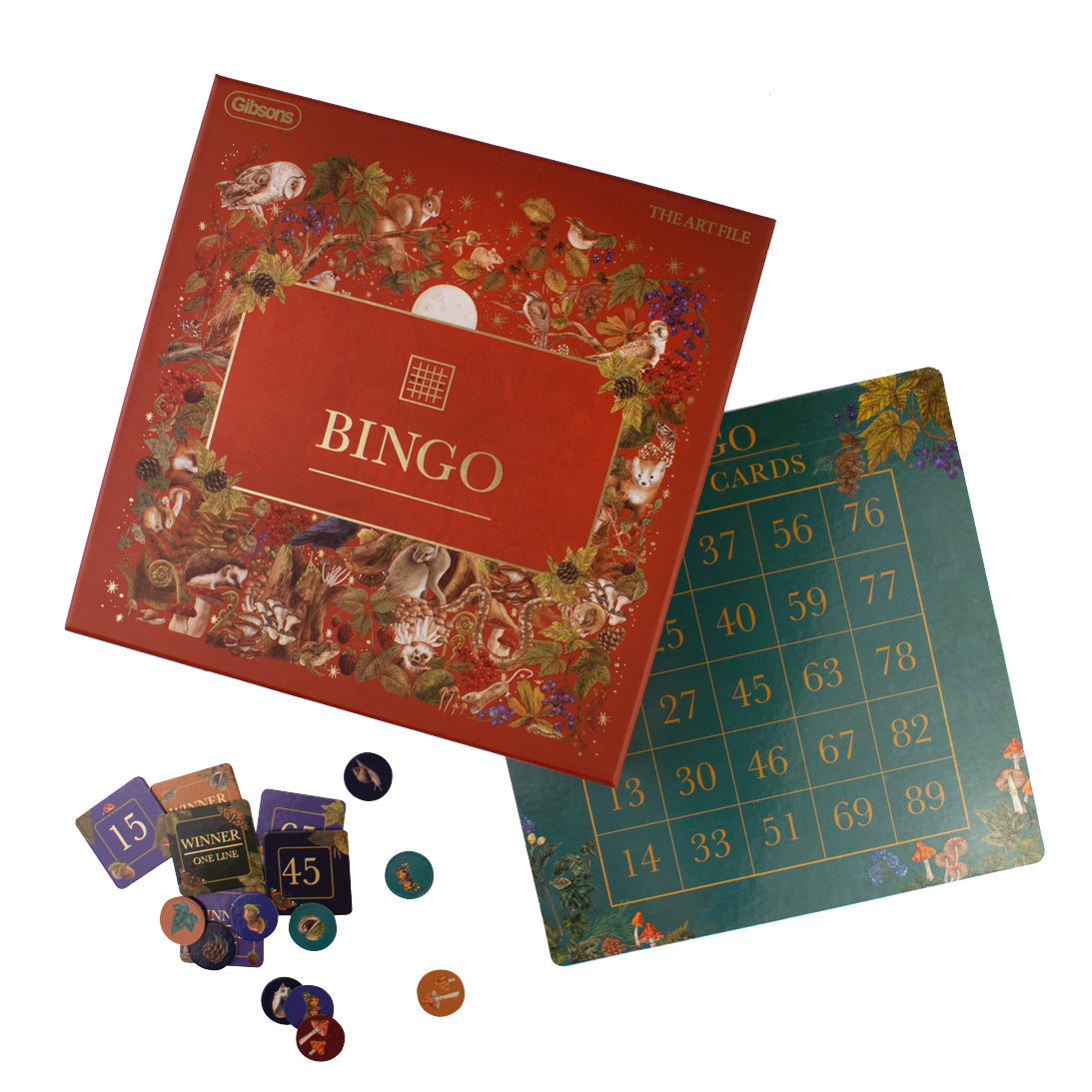 Bingo game set with bingo box, green card, and colourful markers on a white background