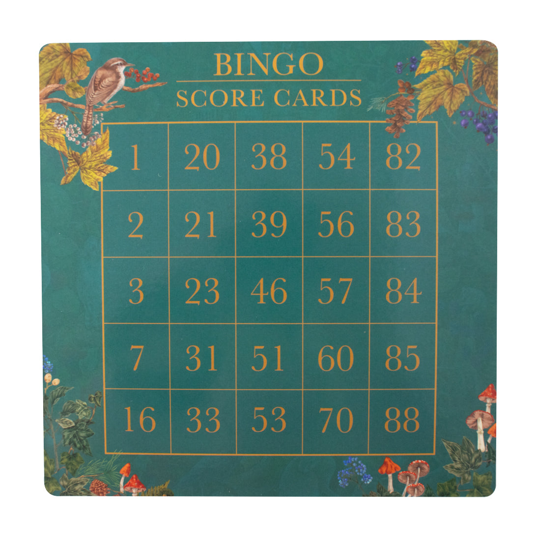 Bingo score card with floral border on a green background