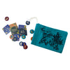 Collection of game cards, tokens, and a blue drawstring bag with floral design on a white background