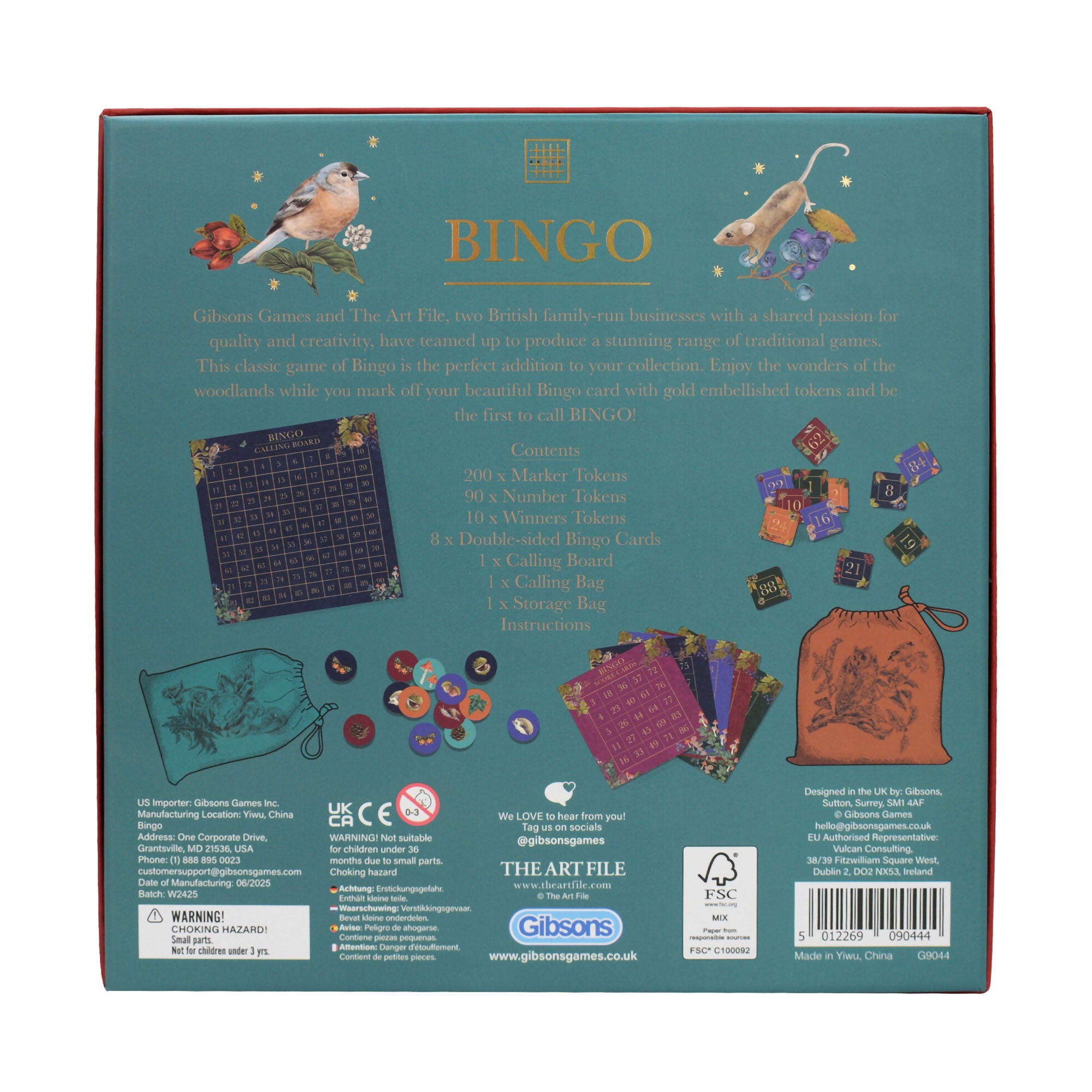 Back of a Bingo game box with illustrations and text on a teal background