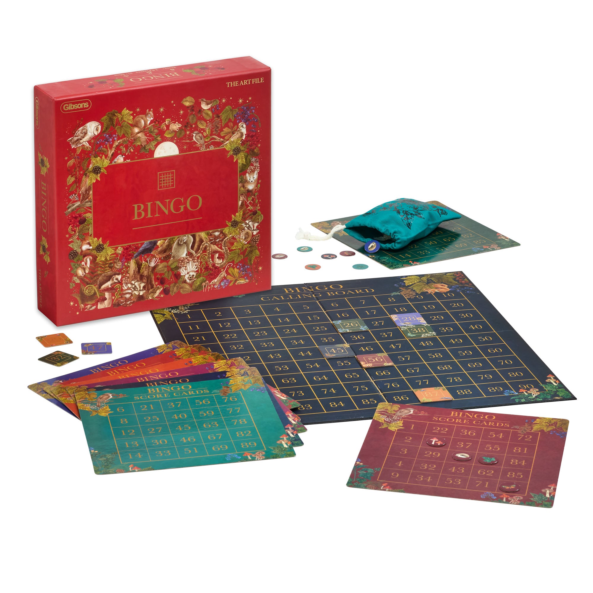 Bingo game set with colorful cards, board, and box on a white background