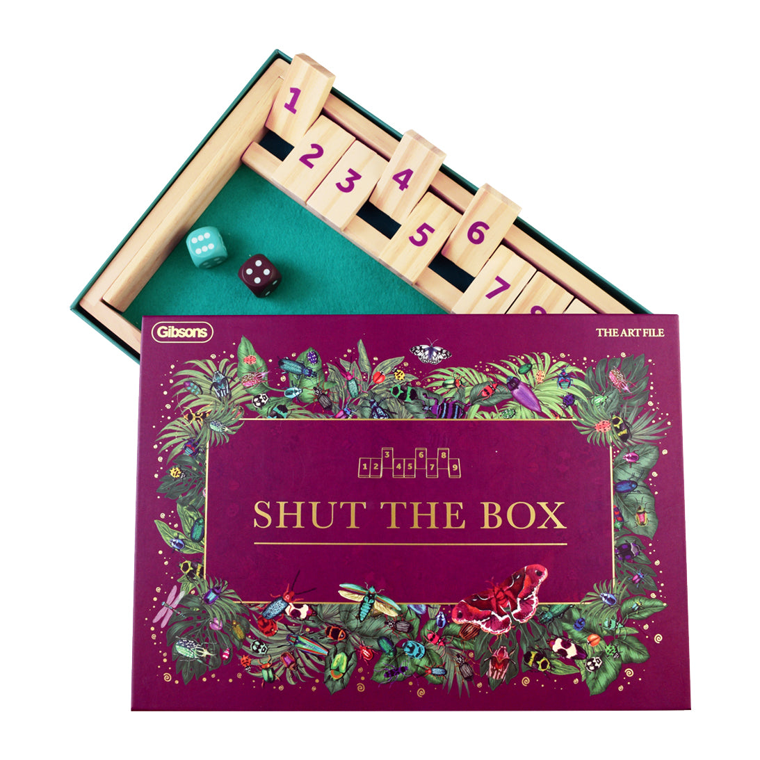 Shut the Box game set with decorative packaging on a white background