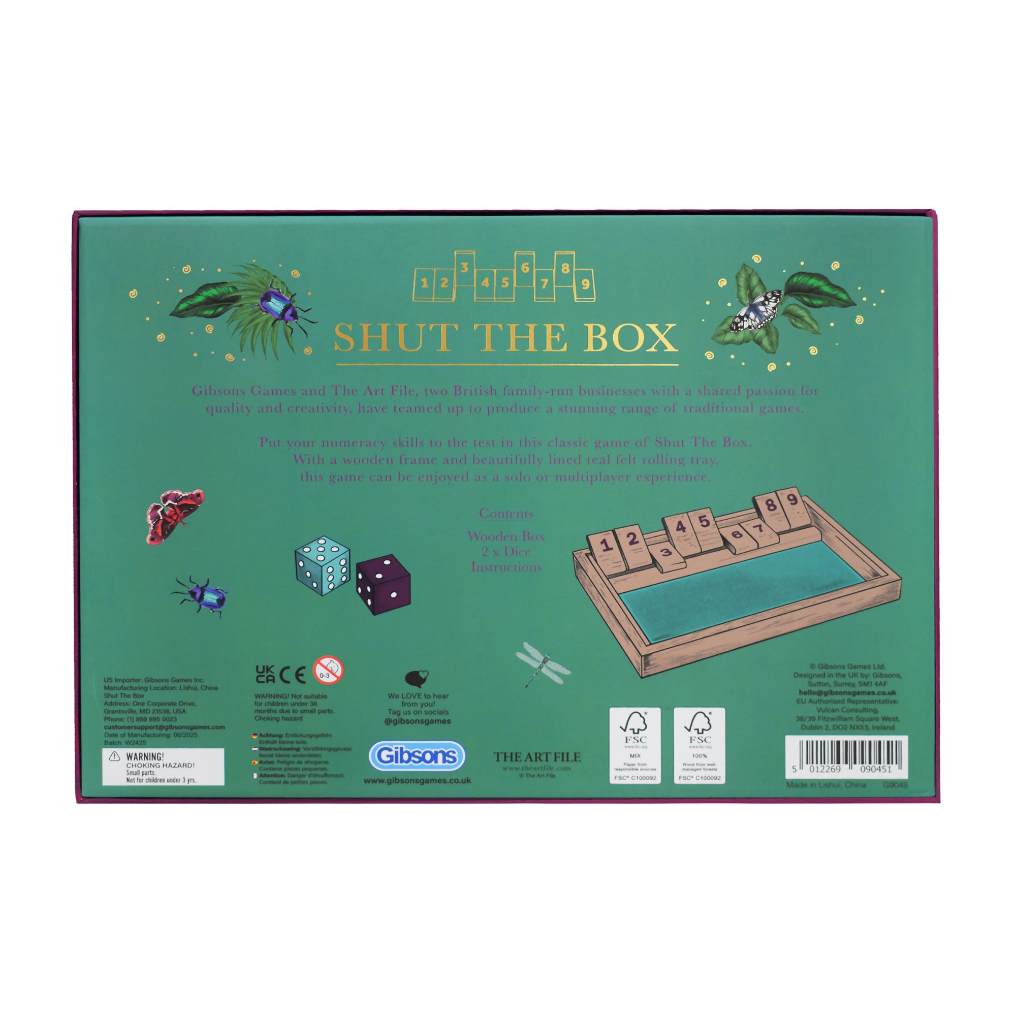 Back of a 'Shut the Box' game box with illustrations and text on a green background