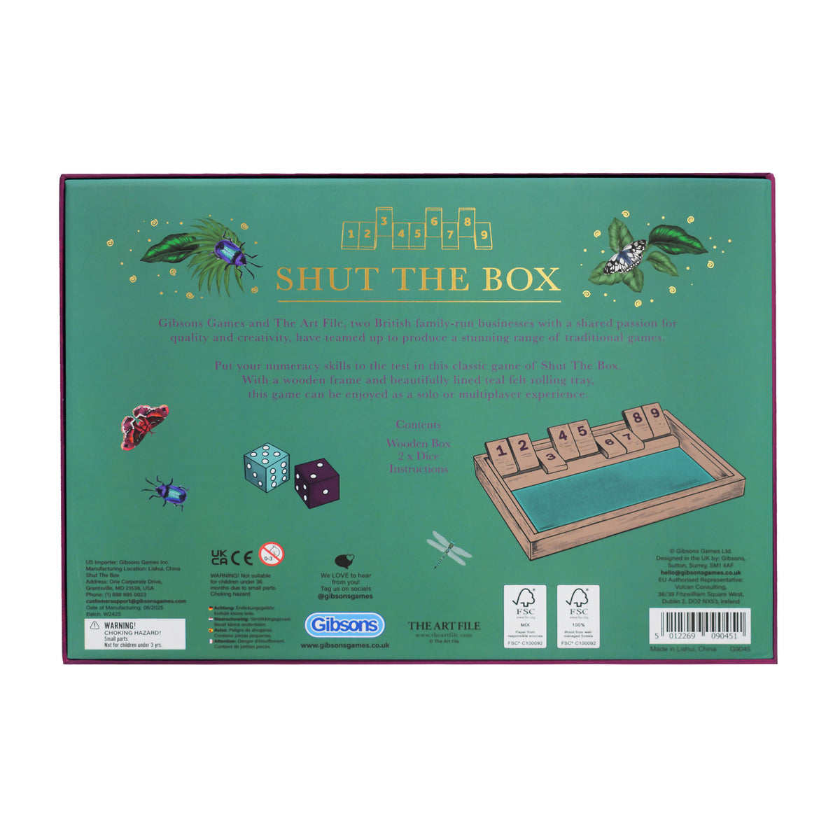 Back of a 'Shut the Box' game box with illustrations and text on a green background