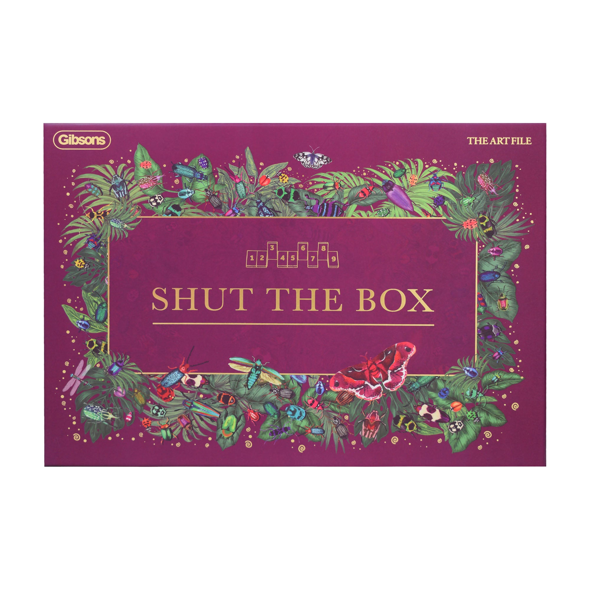 Gibsons Shut the Box game box with decorative floral border on a purple background