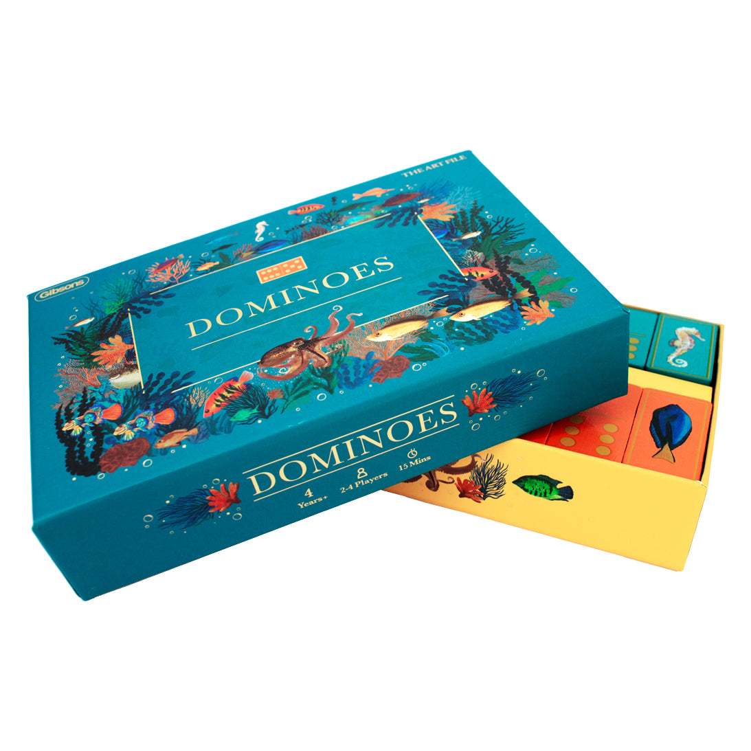 Dominoes game set with colorful box and tiles on a white background