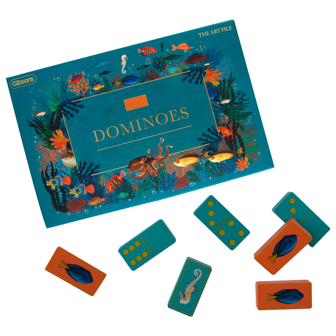 Dominoes set with an underwater-themed box and domino pieces featuring sea creatures.