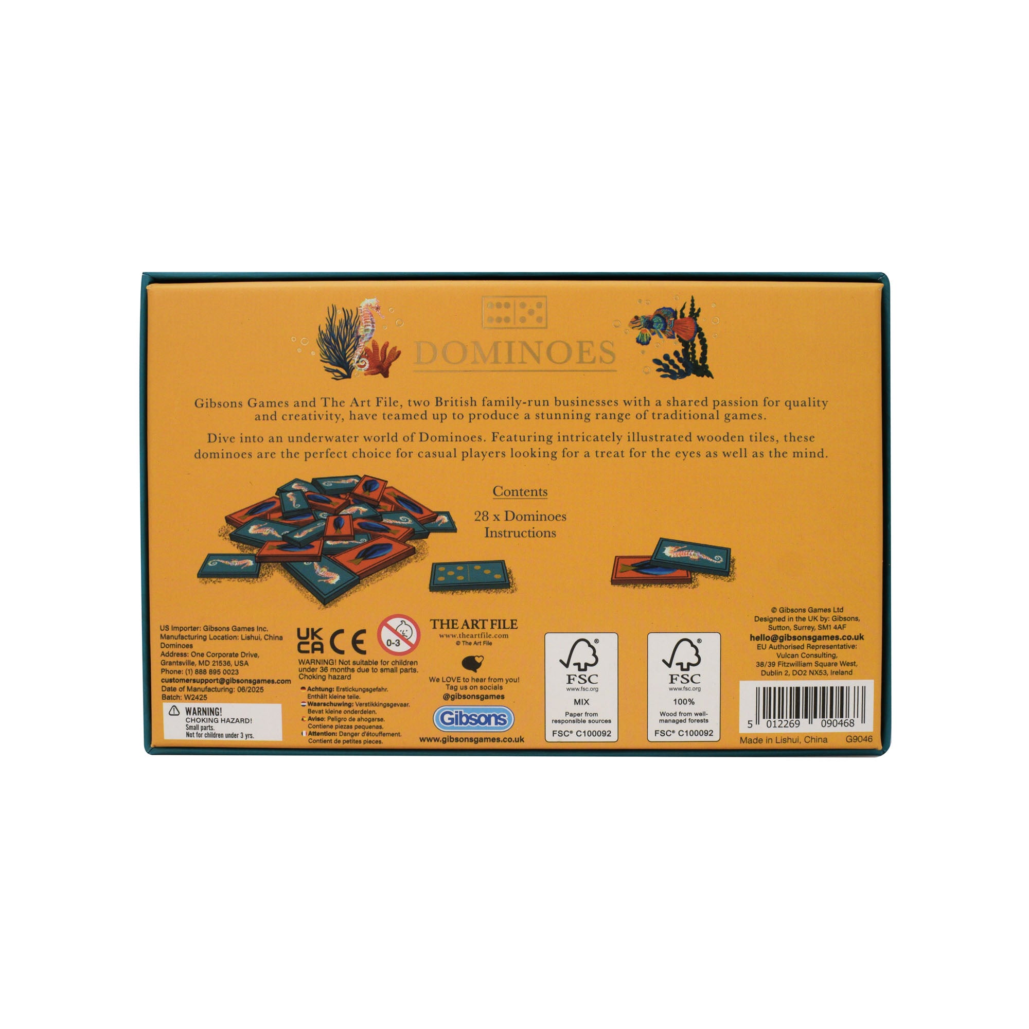 Back view of a dominoes game box with branding and product details.