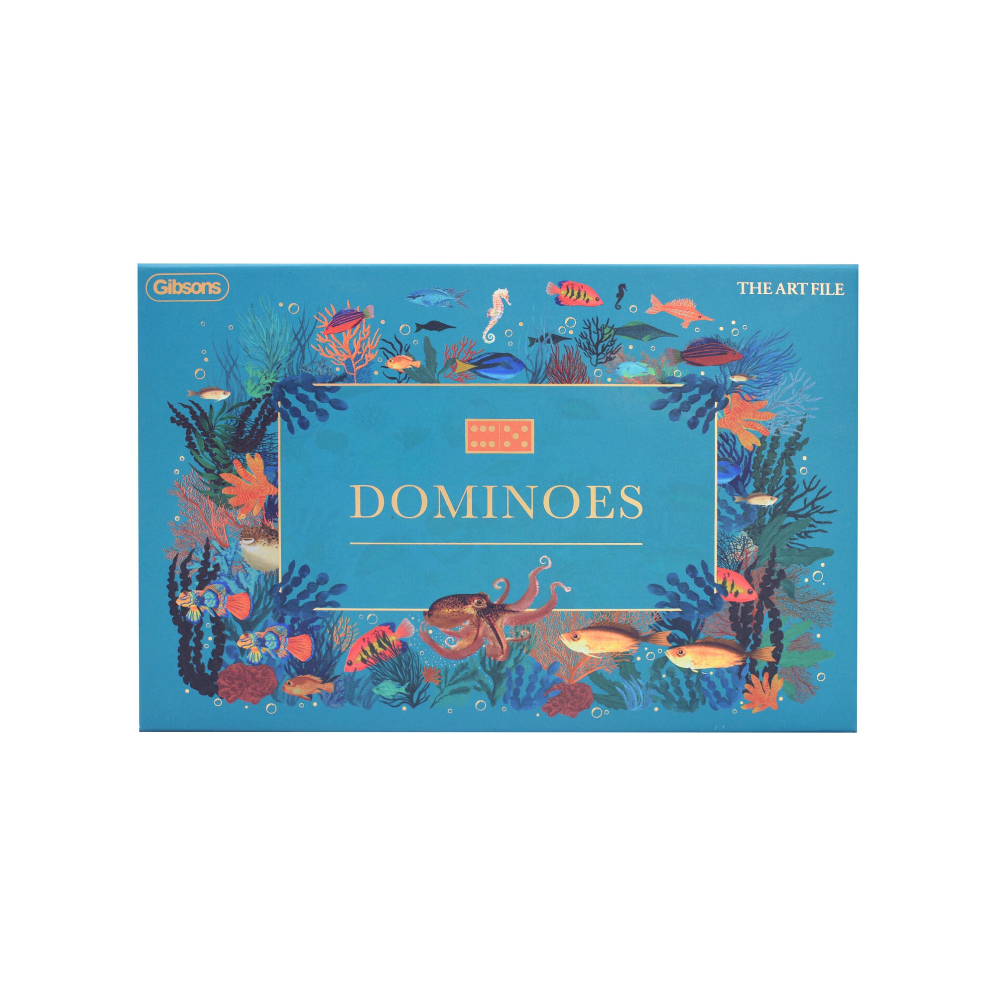 Dominoes game box with underwater scene design on a blue background