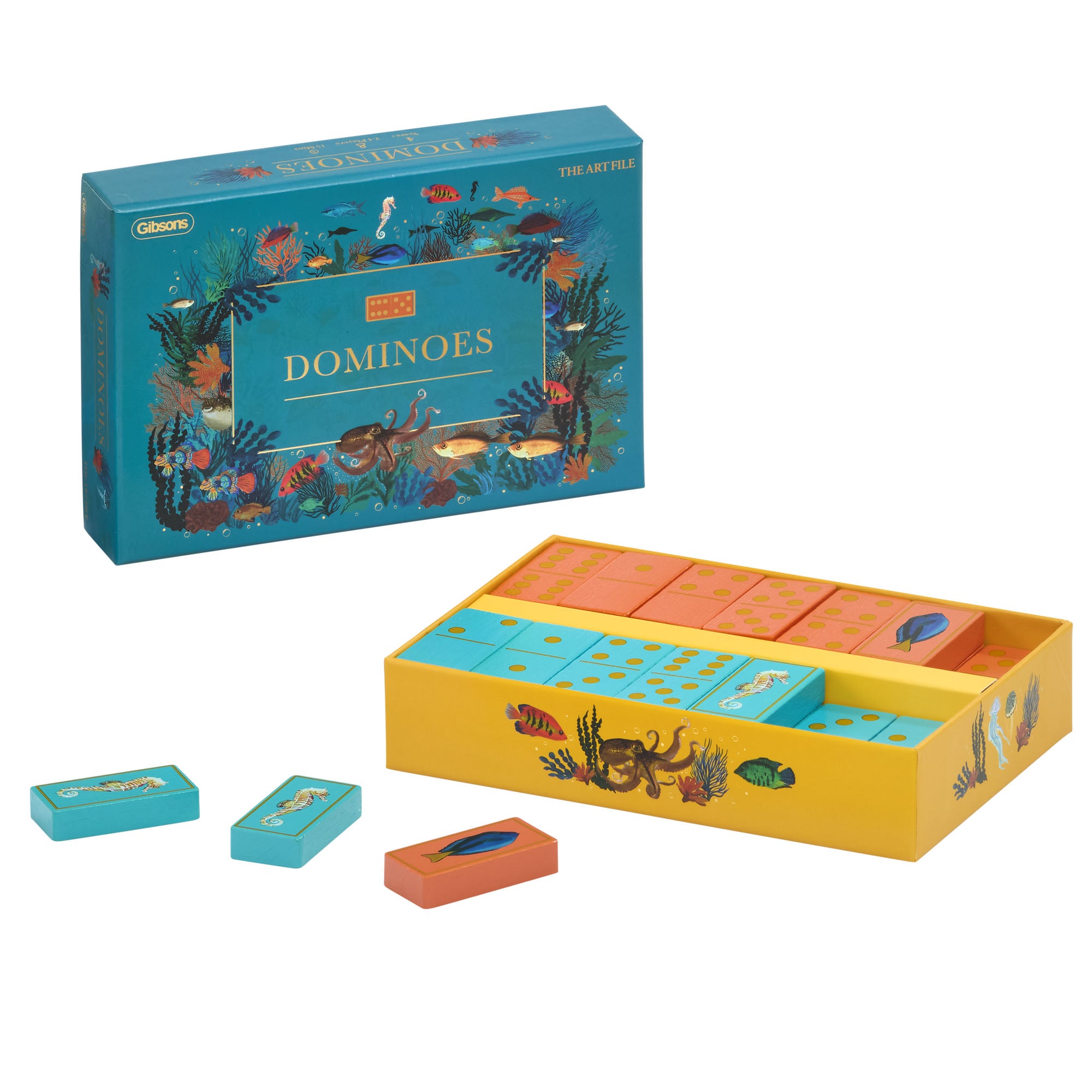Dominoes game set with colorful packaging featuring marine life design on a white background
