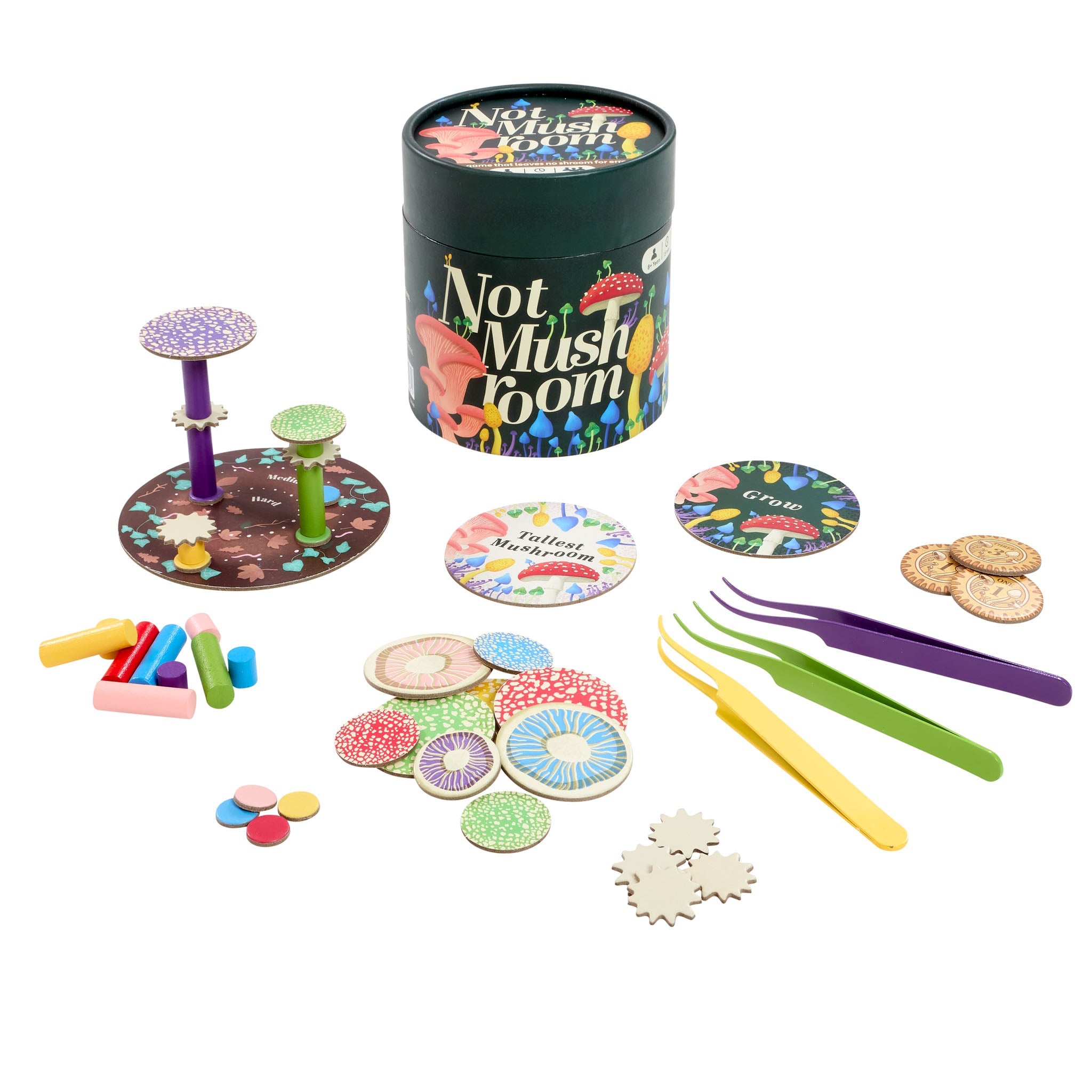 Colorful mushroom-themed game set with 'Not Mushroom' container on a white background