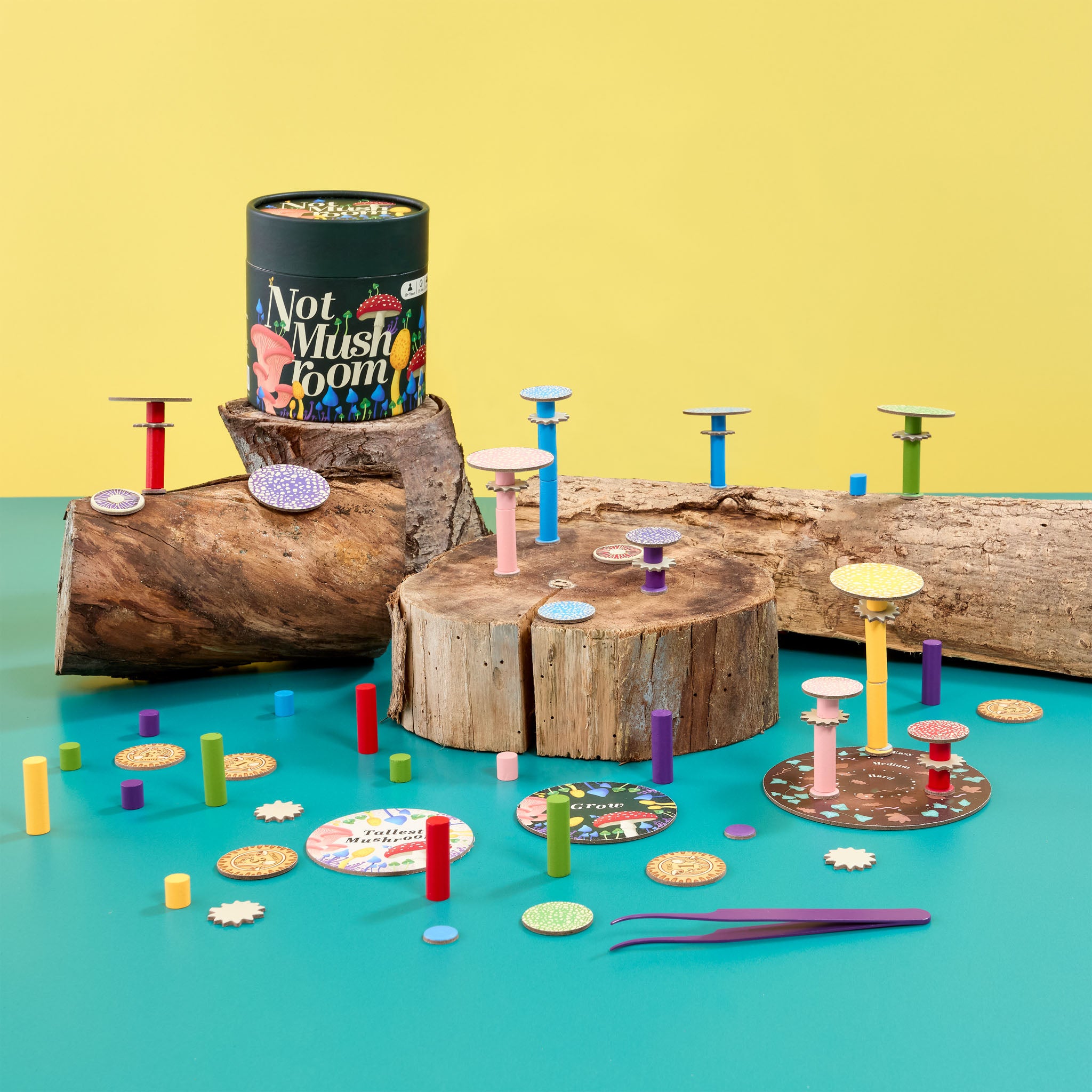 Colourful children's game with various components on a white background called Not Mushroom