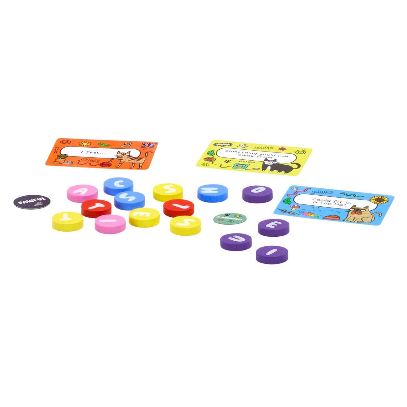 Colourful alphabet tiles with cards on a white background