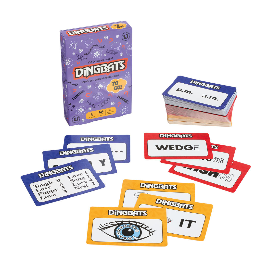 Dingbats card game packaging and cards on a white background
