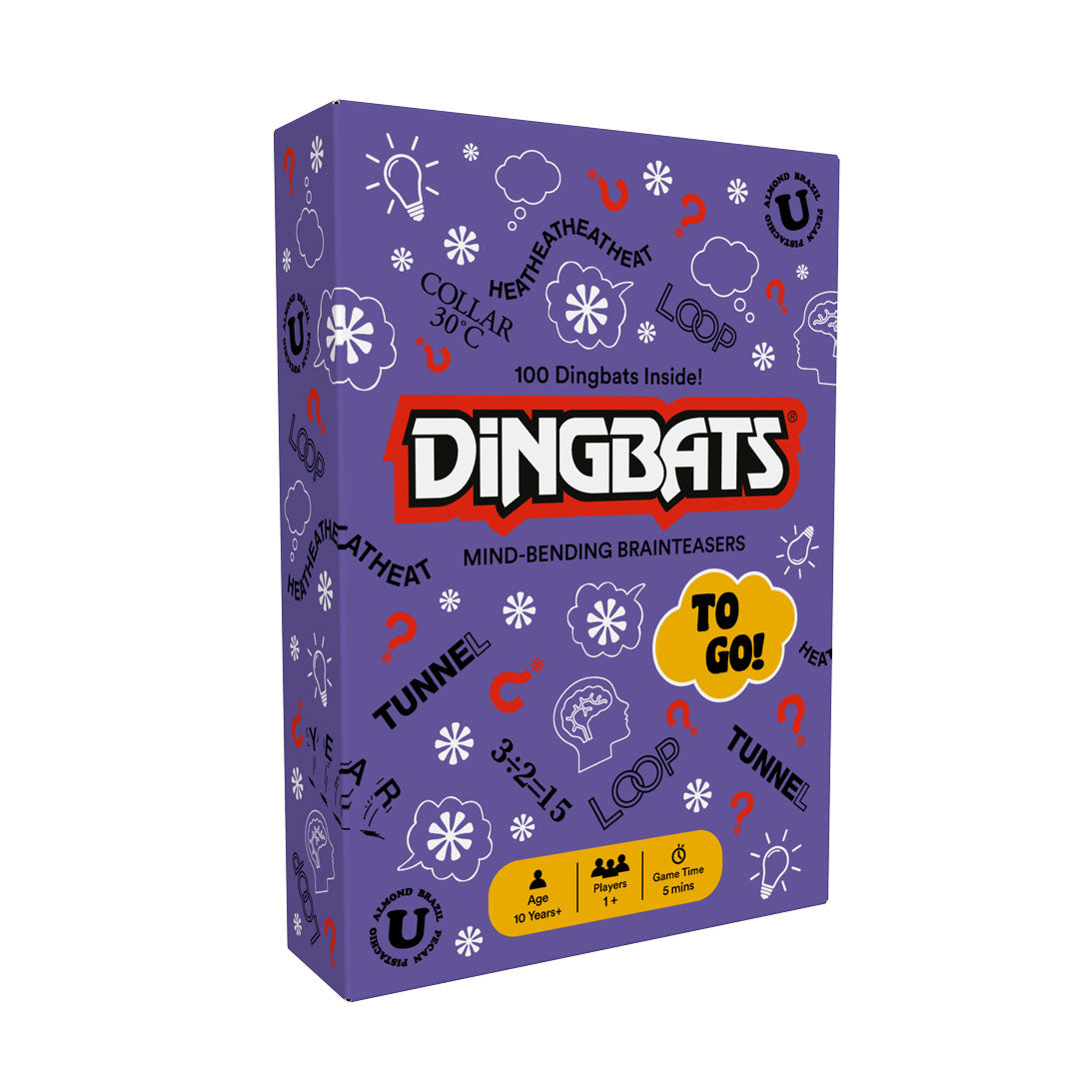 Purple box of 'Dingbats' mind-bending brainteasers with colorful text and graphics on a white background.