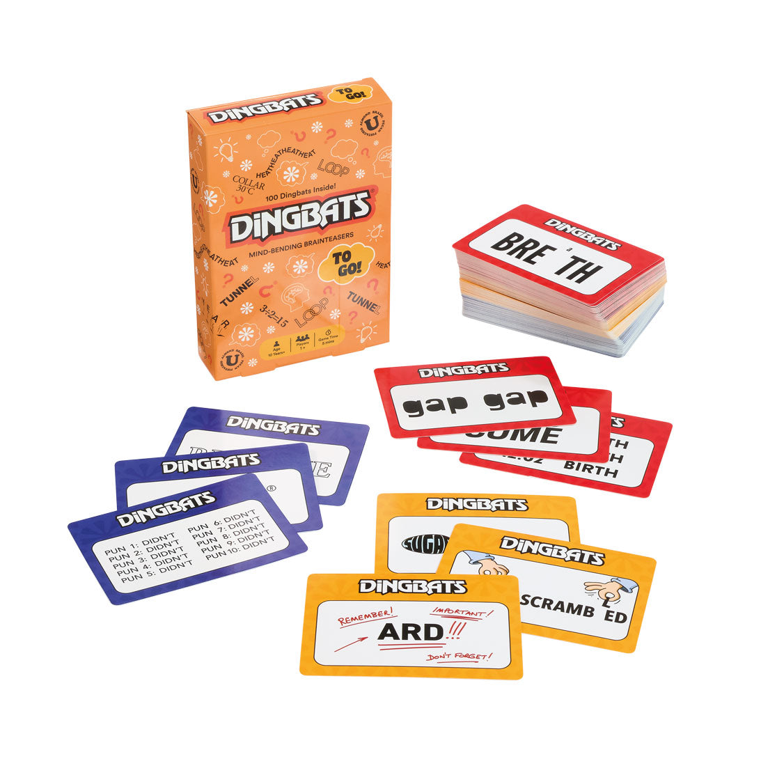Dingbats card game with cards and packaging on a white background