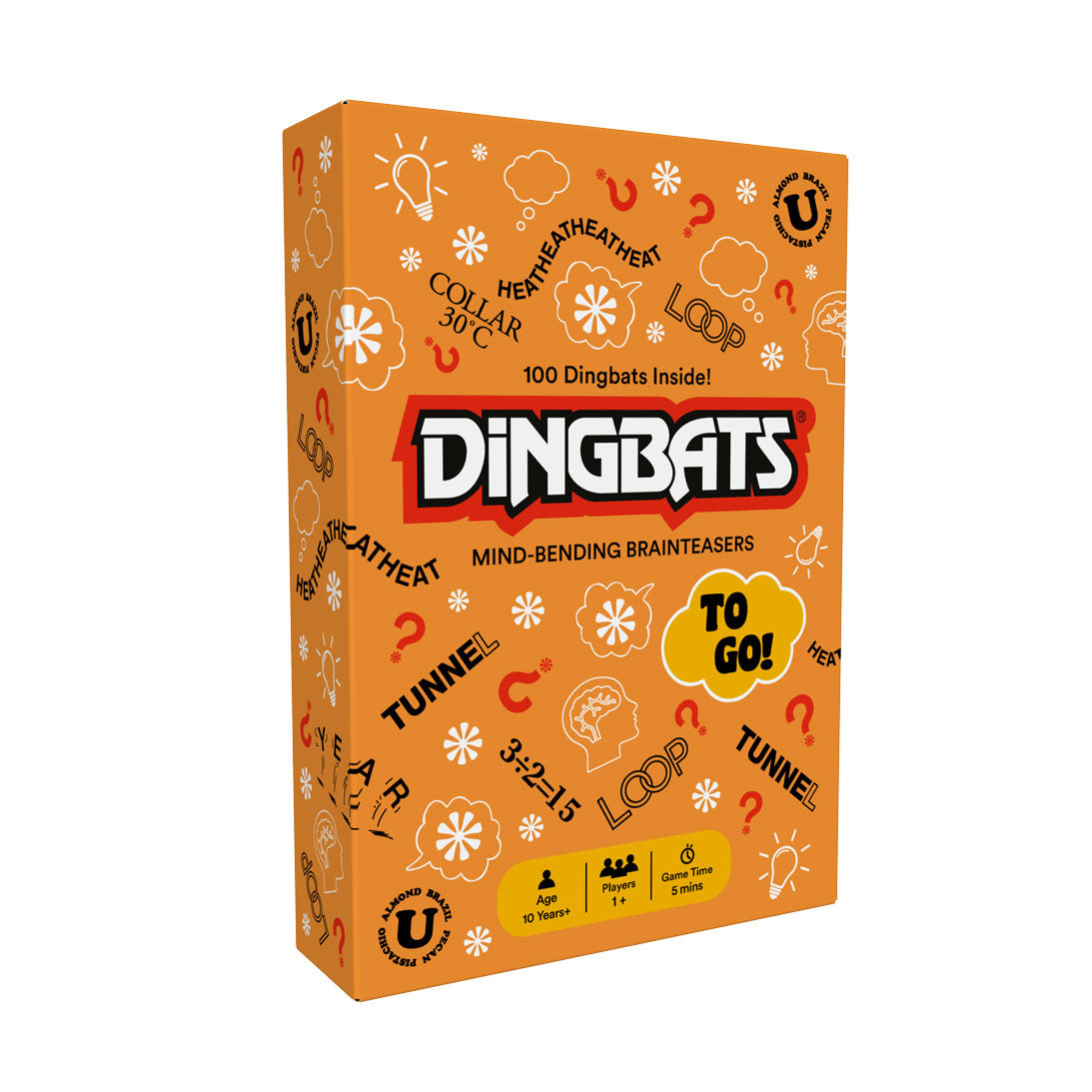 Orange box of 'Dingbats' mind-bending brainteasers with various graphics on a white background.