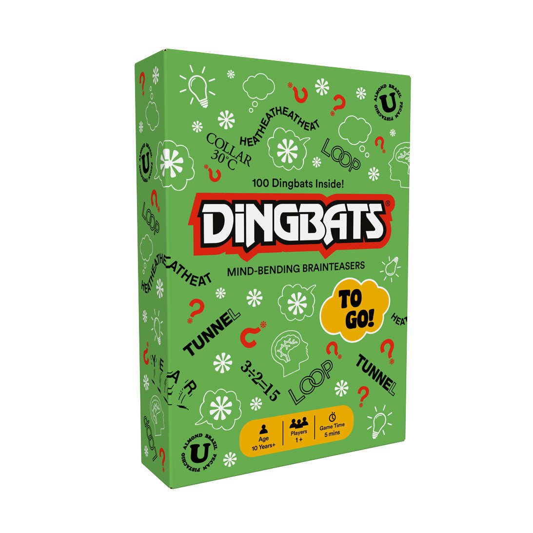 Green box of 'Dingbats' mind-bending brainteasers with colorful text and graphics on a white background.