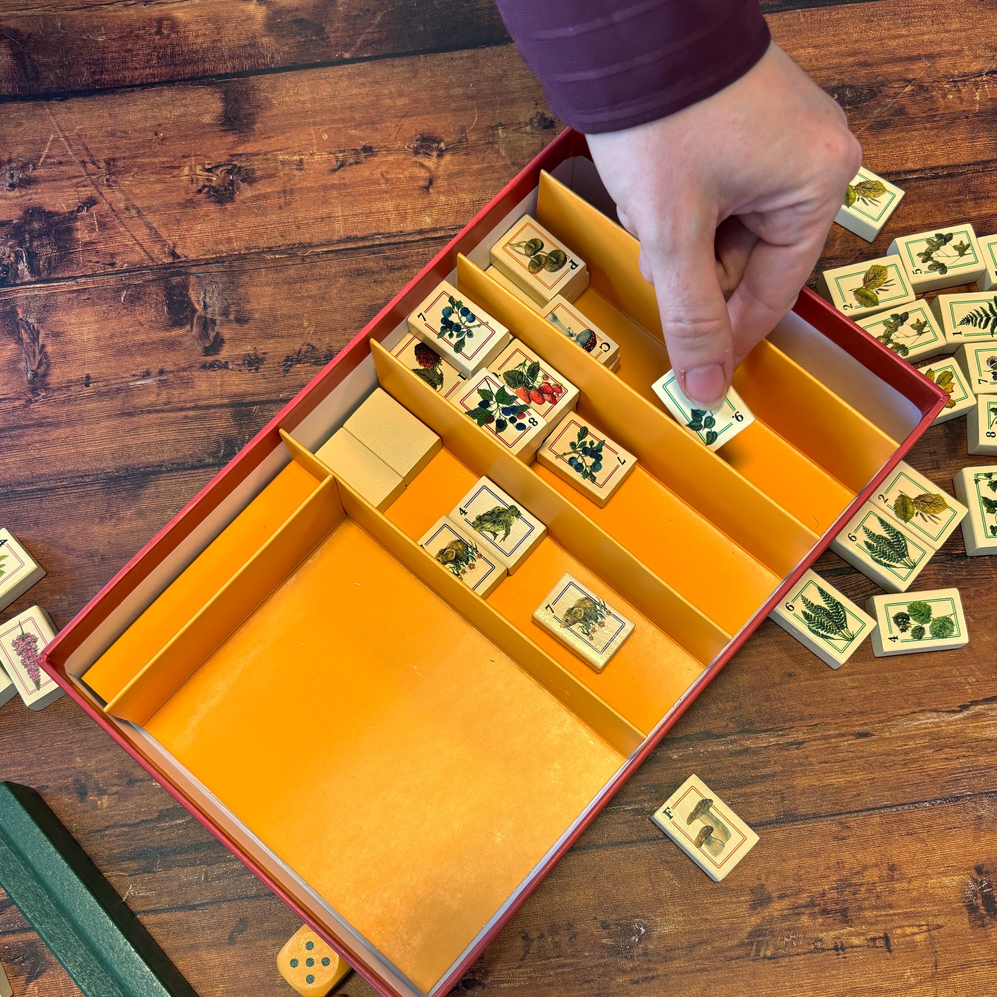A hand placing a small illustrated game piece into a red box with yellow compartments on a wooden table. Several matching pieces are scattered around the box.