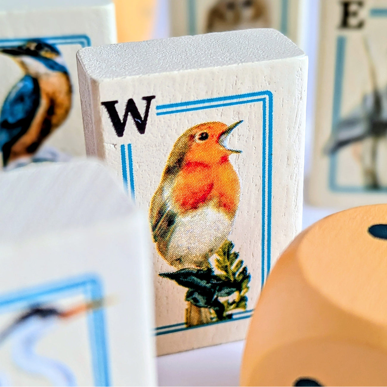 A close-up of a wooden alphabet block featuring a robin bird illustration and the letter W, with other blurred blocks in the background.