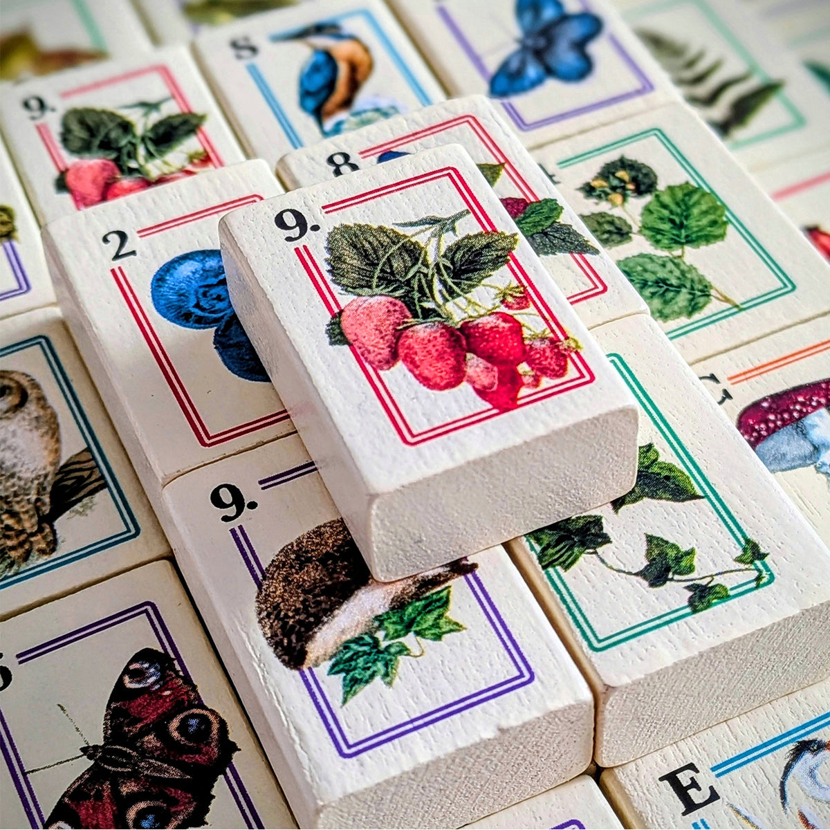 Wooden Mahjong tiles featuring illustrated nature and animal designs, including strawberries, blueberries, a butterfly, an owl, and a mushroom, arranged in a close-up stack.