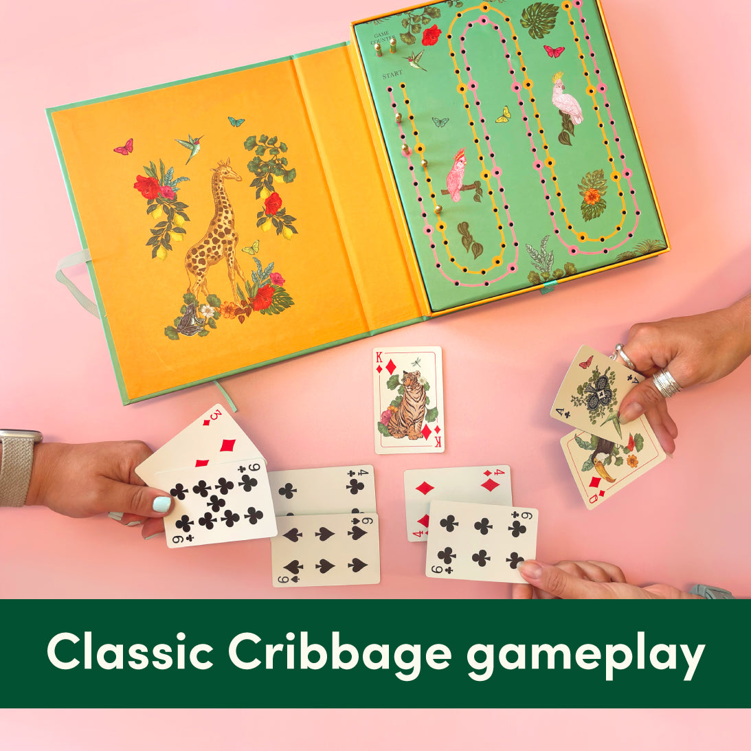 An open illustrated cribbage game box with a winding green board and colourful animal and floral graphics, shown on a pink background with several hands holding playing cards. A dark green banner at the bottom reads 'Classic Cribbage gameplay'.