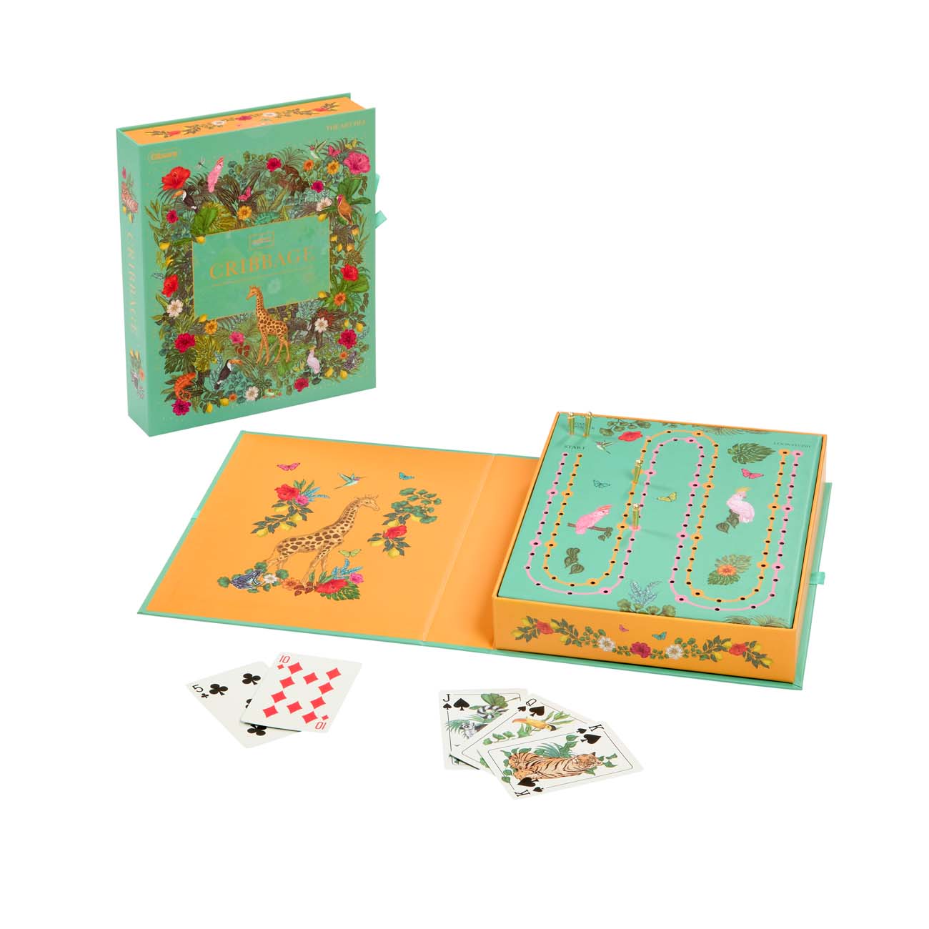 Colourful Cribbage board game with cards on a white background