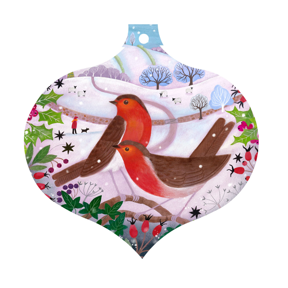 Decorative ornament with two robins on a branch, surrounded by holly and berries, against a snowy landscape.