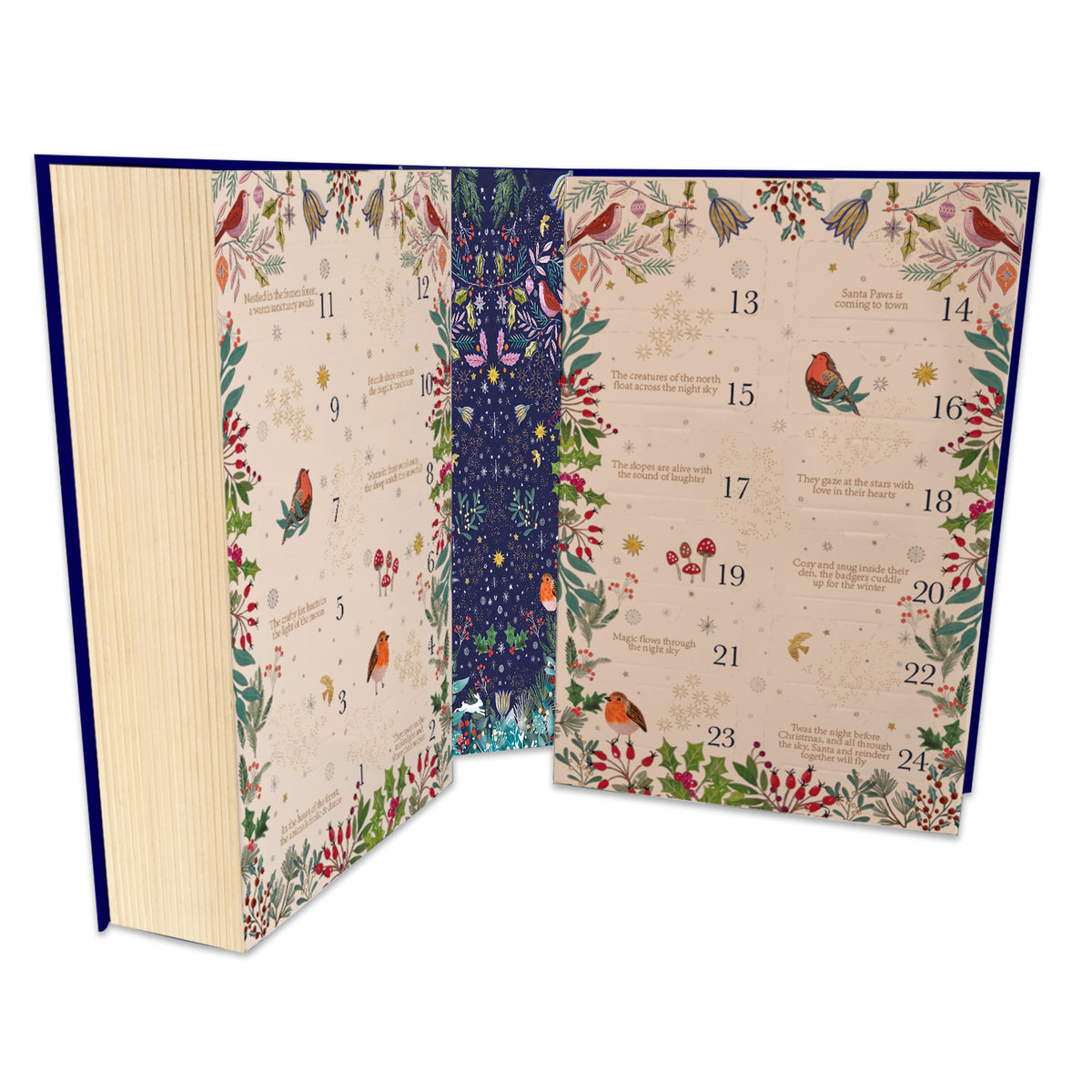 Advent calendar with floral and nature-themed design on pages