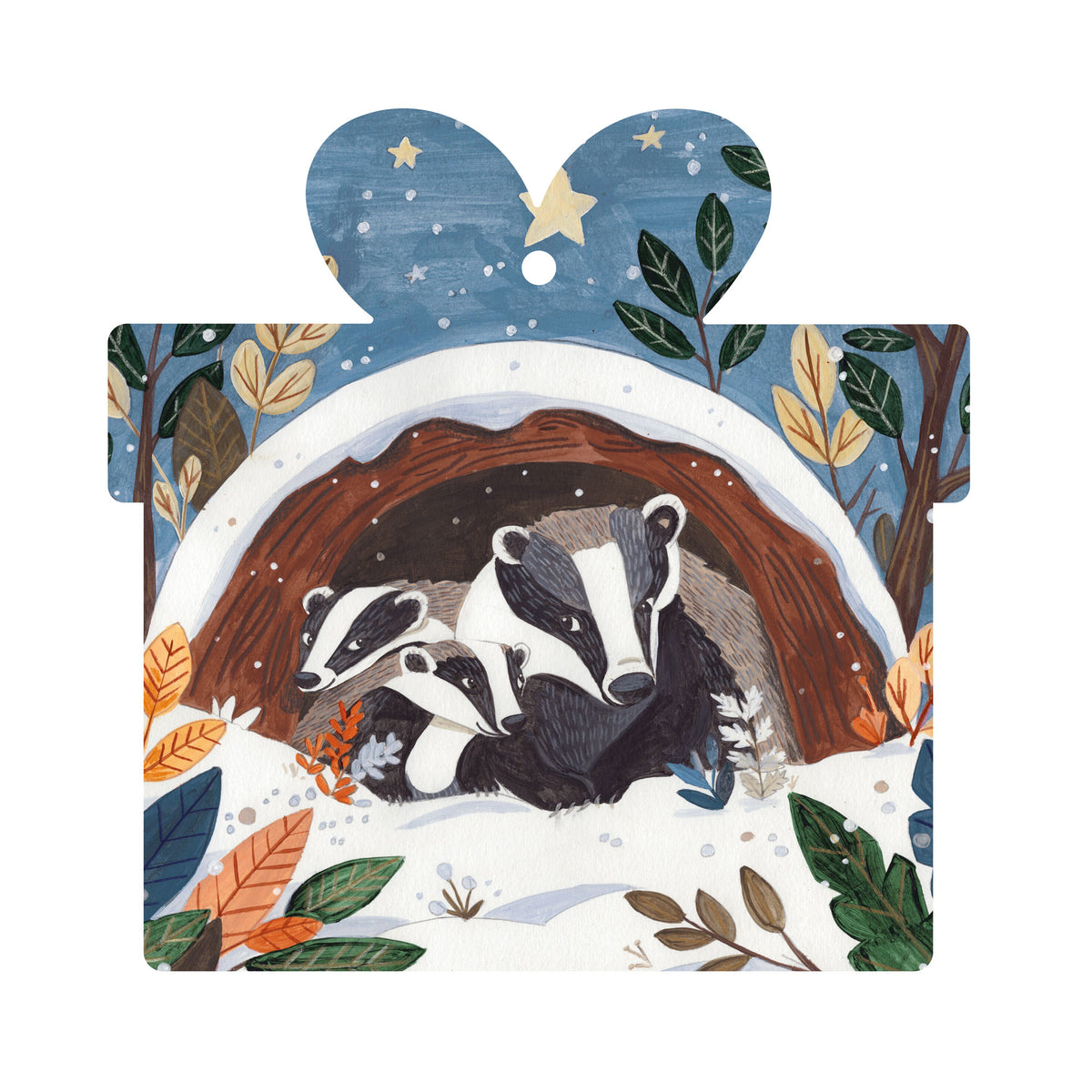 Illustration of badgers in a snowy den with autumn leaves on a white background