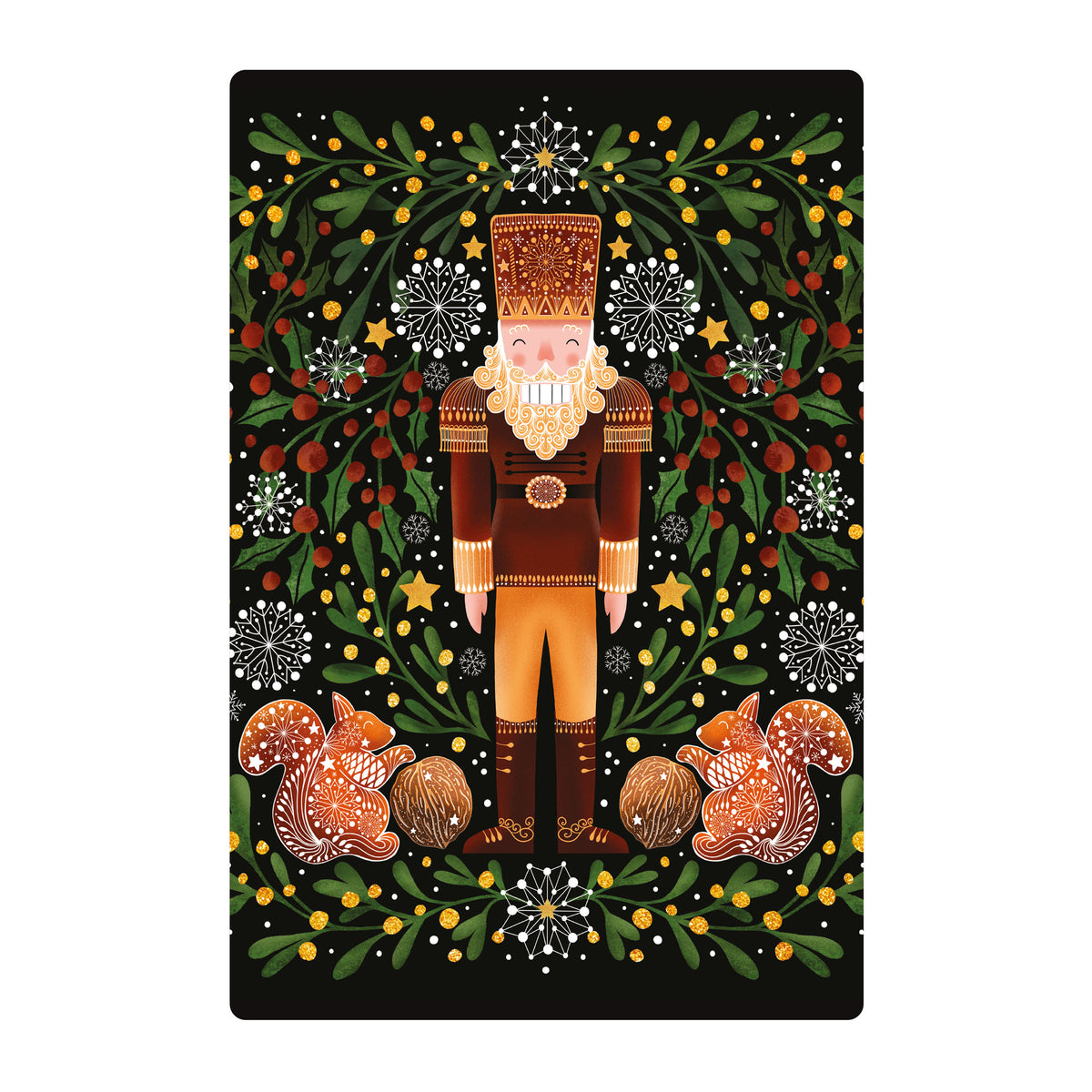 Decorative card with a nutcracker surrounded by winter elements on a black background