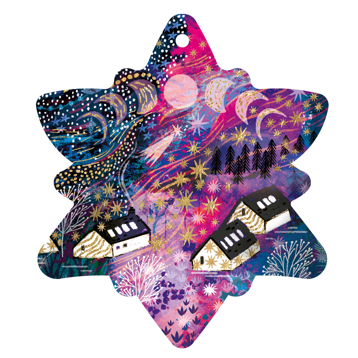 Colourful star-shaped ornament with houses and nature elements on a white background