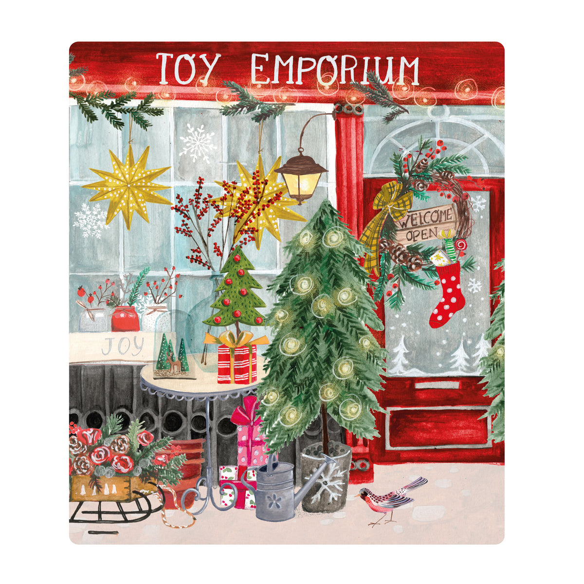 Decorative Christmas scene with a tree, presents, and 'Toy Emporium' sign.