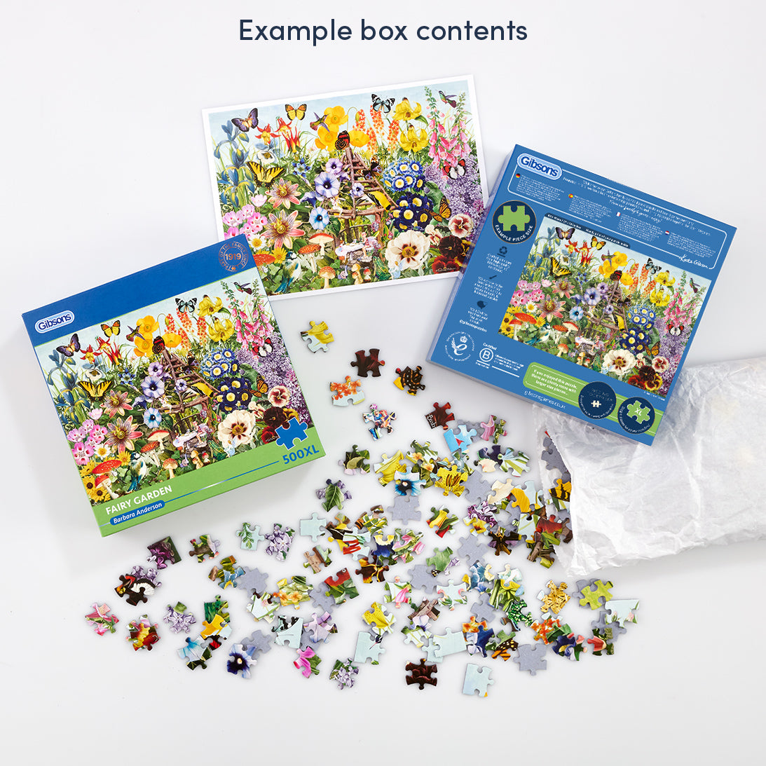 Gardens of Color jigsaw puzzle set with packaging on a white background