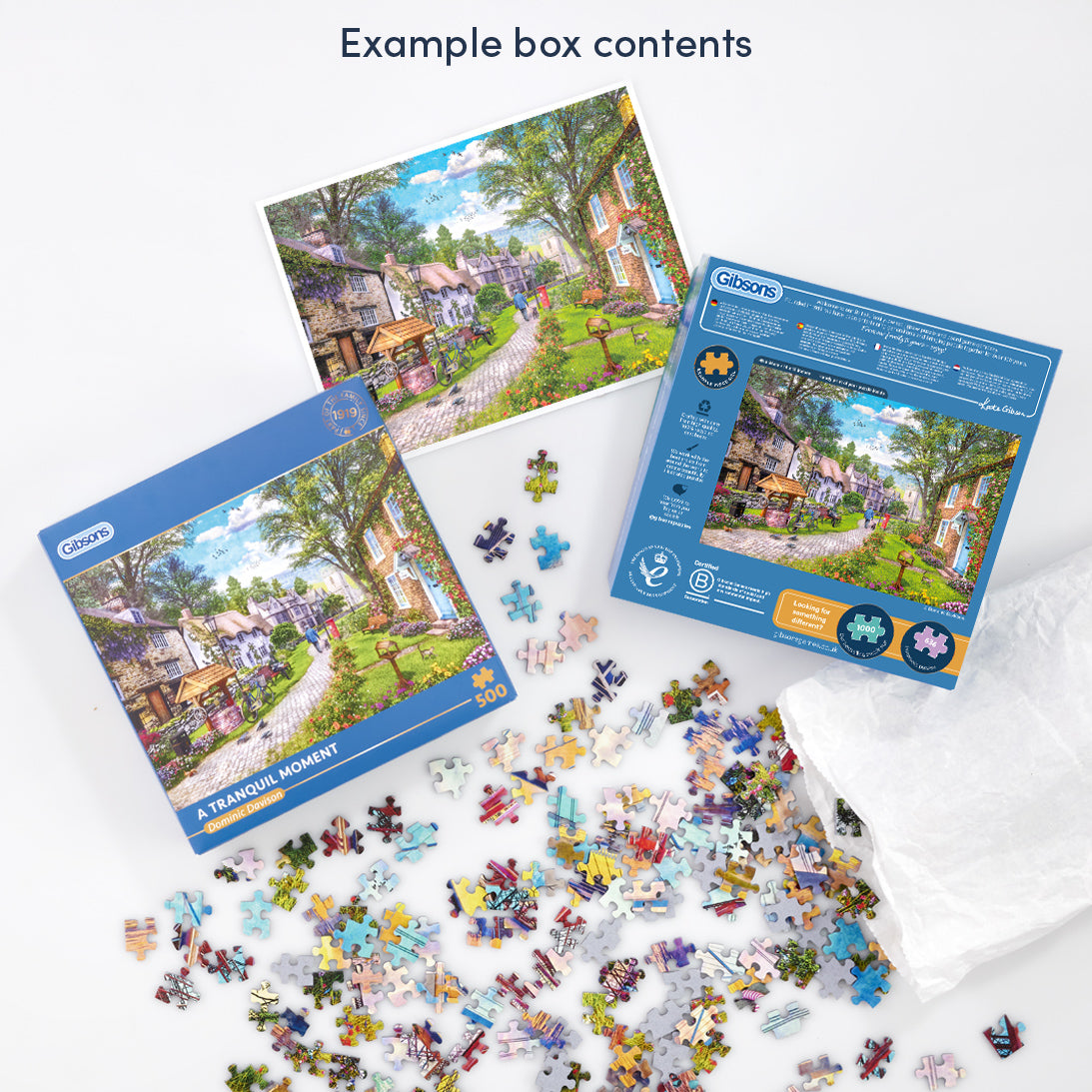 Jigsaw puzzle set with pieces scattered on a white surface, featuring a box labeled 'Tranquil Moment'.