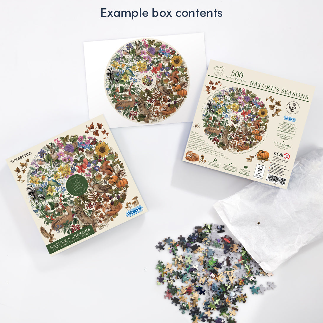 Jigsaw puzzle set with packaging and pieces on a white background