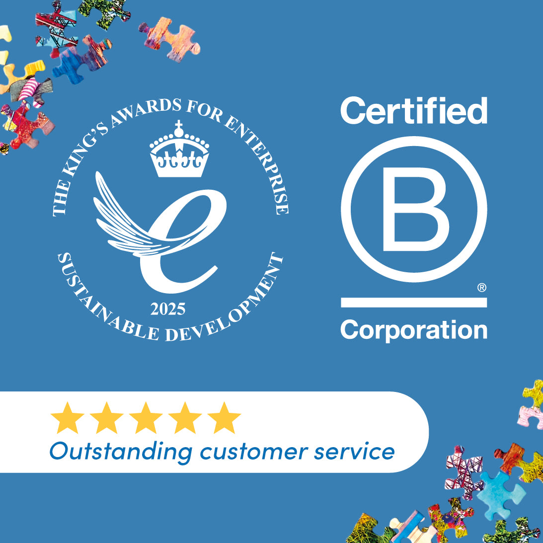 Certified B Corporation logo with King's Awards for Enterprise Sustainable Development and five-star rating on a blue background.