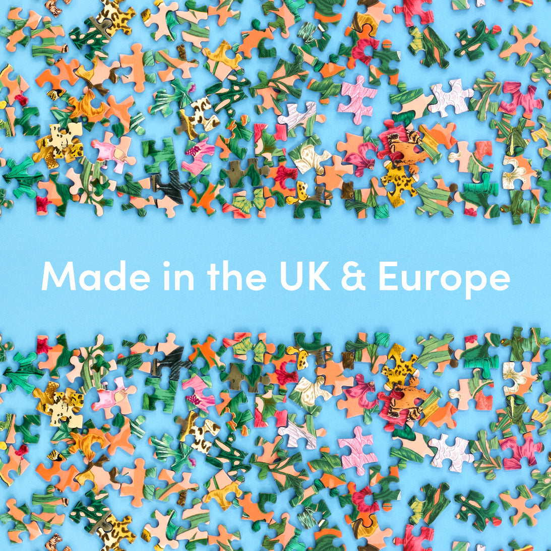 Colorful puzzle pieces scattered on a blue background with 'Made in the UK & Europe' text.