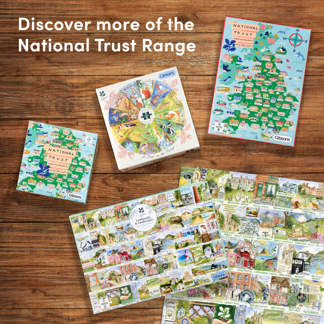 National Trust-themed puzzles on a wooden surface with promotional text.