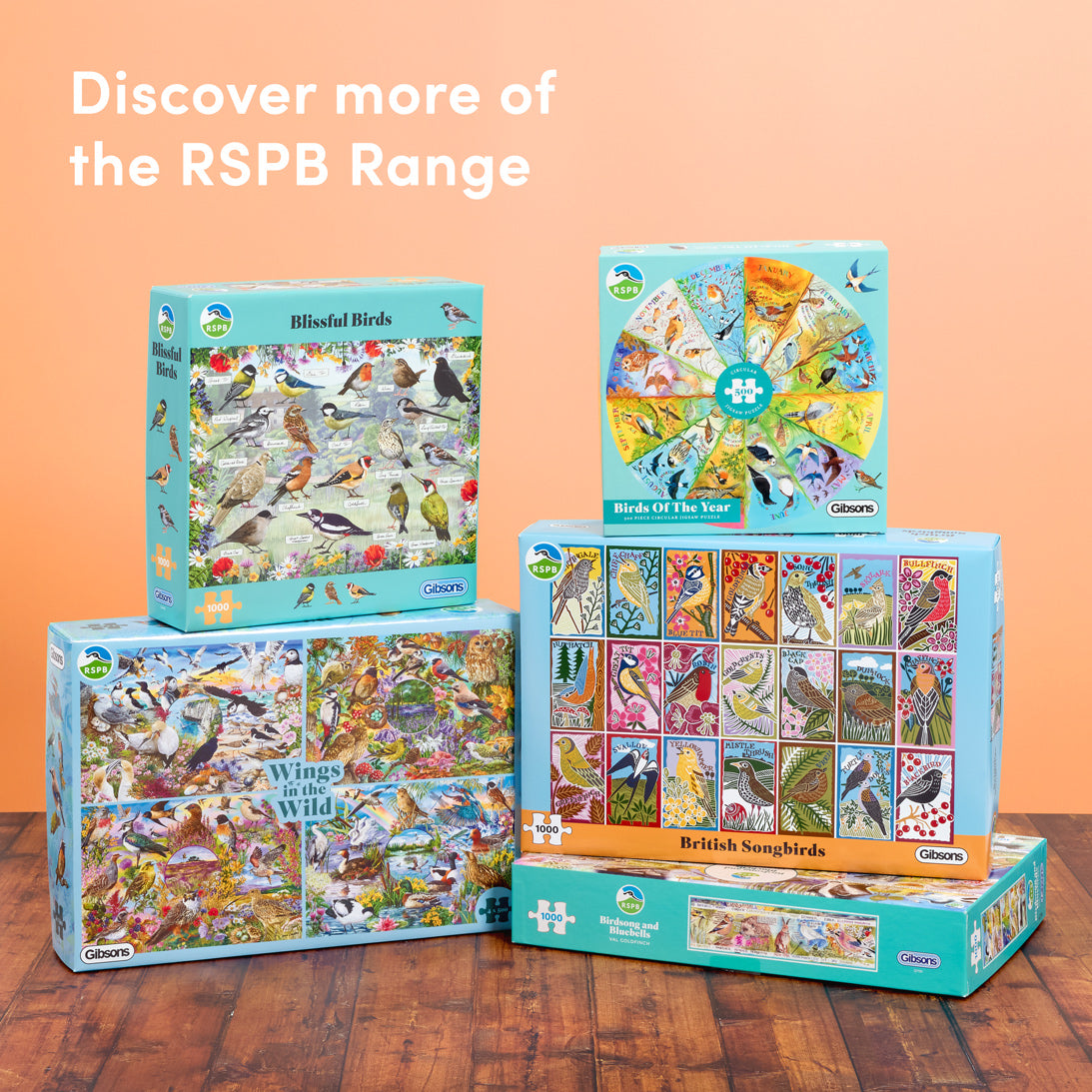 Collection of RSPB-themed puzzle boxes on a wooden surface with an orange background