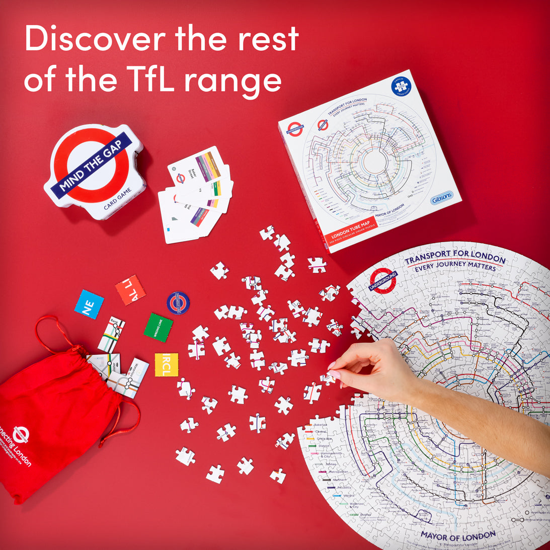 Collection of TfL-themed games and puzzles on a red background with text 'Discover the rest of the TfL range'.