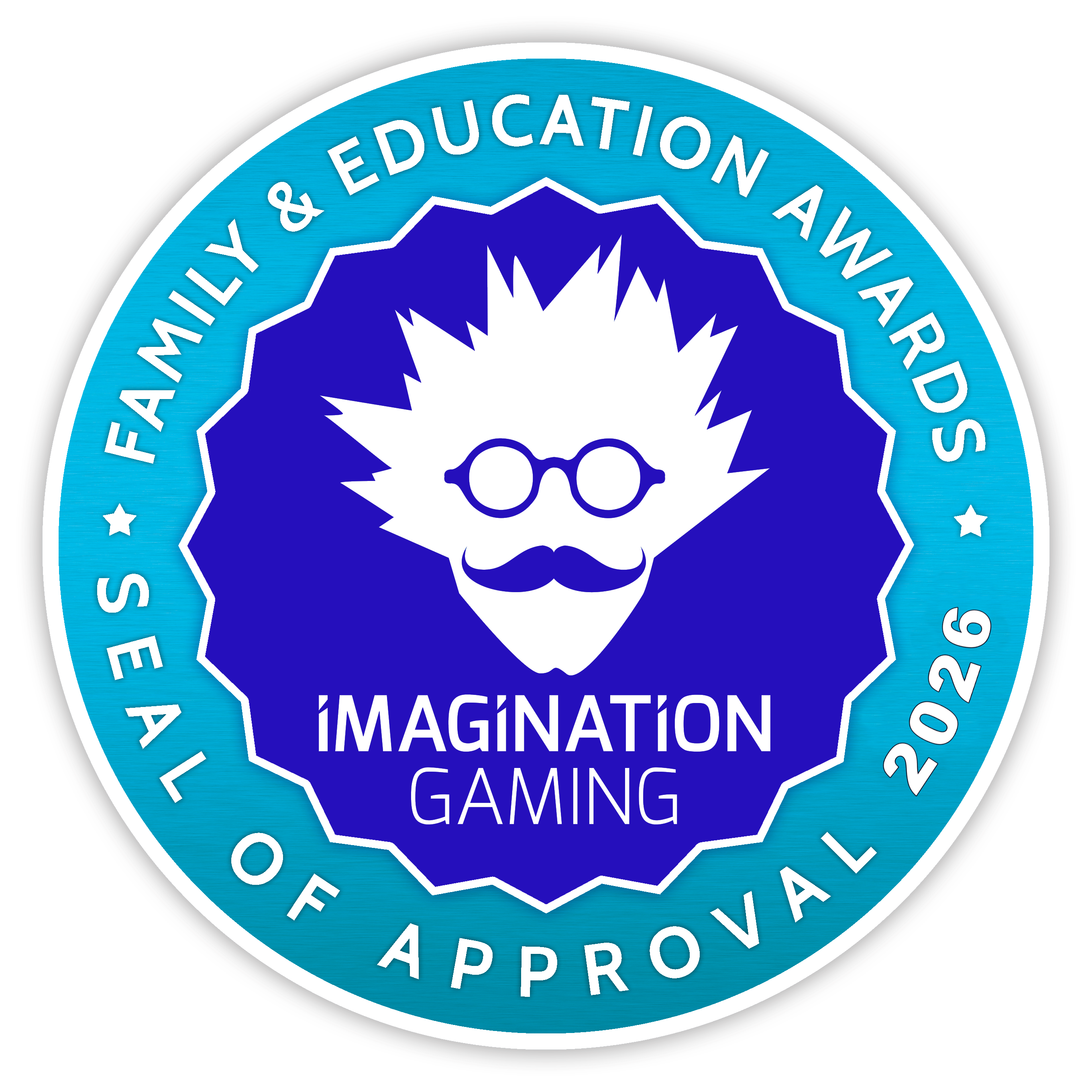 A circular badge or seal with a turquoise-to-blue gradient outer ring and a deep blue center. White text around the ring reads “FAMILY & EDUCATION AWARDS” and “SEAL OF APPROVAL 2026,” while the center shows a white stylized face with wild hair, glasses, and a mustache above the words “IMAGINATION GAMING.