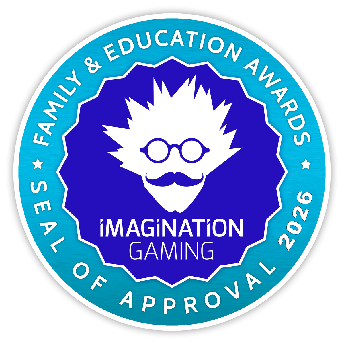 A circular badge or seal with a turquoise-to-blue gradient outer ring and a deep blue center. White text around the ring reads “FAMILY & EDUCATION AWARDS” and “SEAL OF APPROVAL 2026,” while the center shows a white stylized face with wild hair, glasses, and a mustache above the words “IMAGINATION GAMING.
