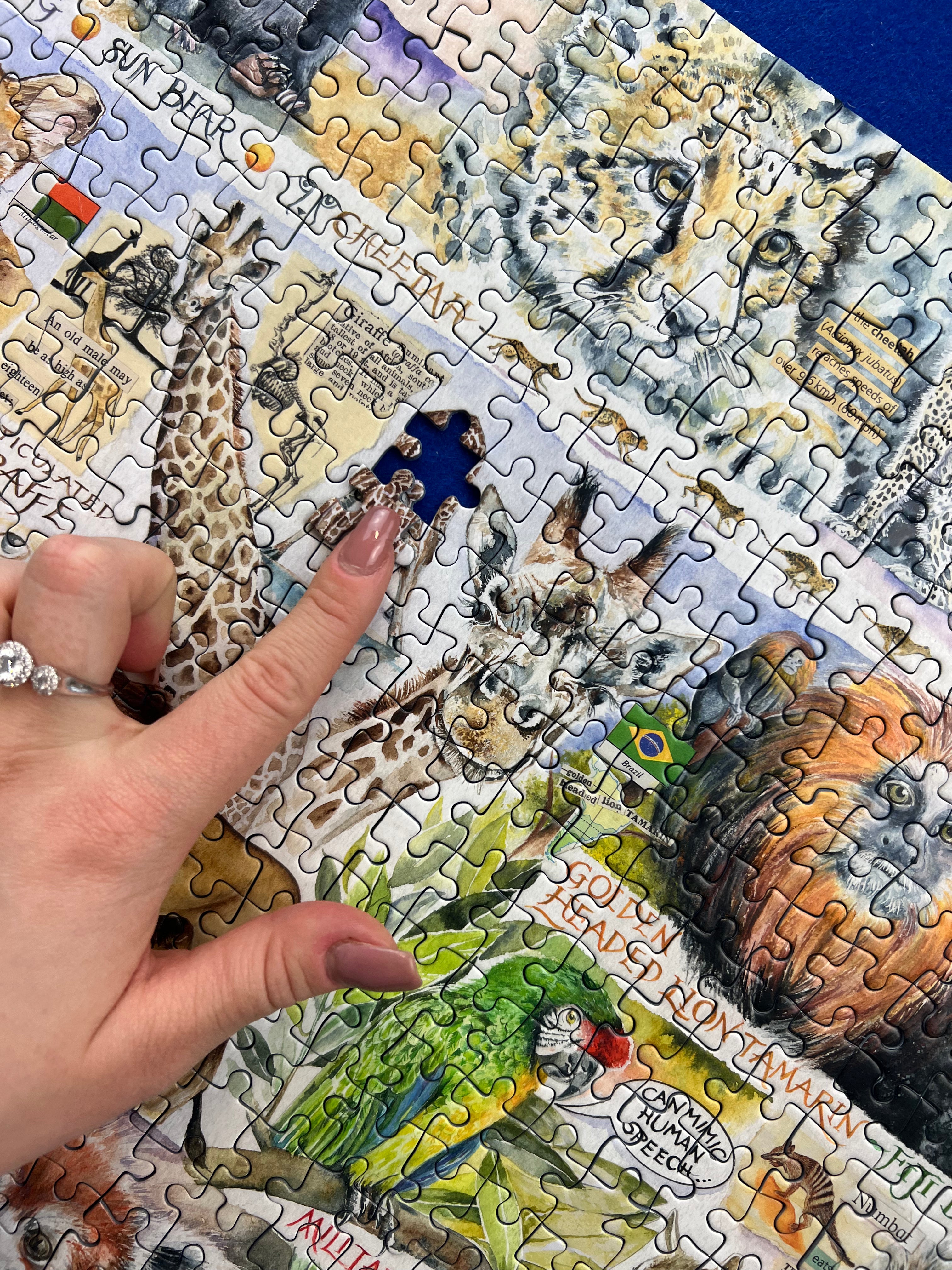 A close-up of a completed illustrated jigsaw puzzle showing safari animals and scenery, with a person's hand pointing at a giraffe section. The puzzle fills most of the frame, with a blue surface visible at the top right corner.