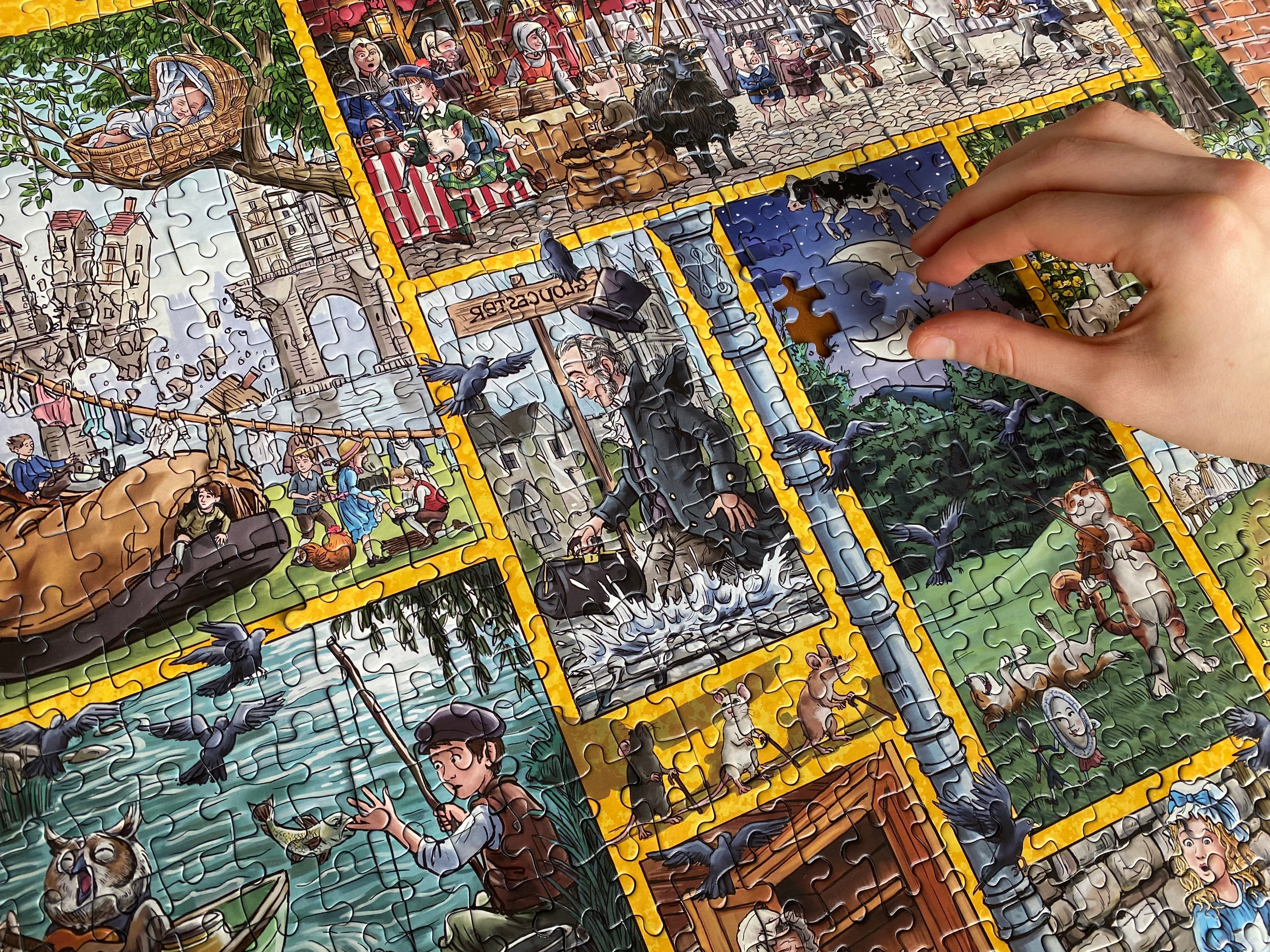 A close-up of a colourful jigsaw puzzle featuring illustrated scenes of London, with a person's hand placing a piece near the top right.
